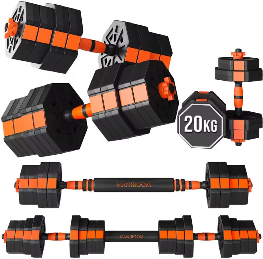 ManiBoom Pesas y Mancuernas Ajustables ANTIDESLIZANTES - Mancuernas 10kg 15kg 20kg 30kg 40kg 50kg Hexagonales con Barra Regulables y Cierre de SEGURIDAD - Kit de Ejercicio