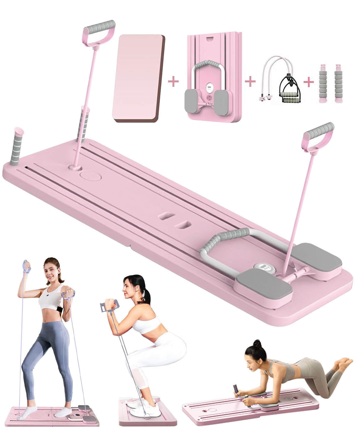 Tabla de pilates, plegable, multifunción, con rodillo de abdominales con soporte para codo, máquina de ejercicio abdominal, rebote automático y cuerda de tensión para gimnasio en casa