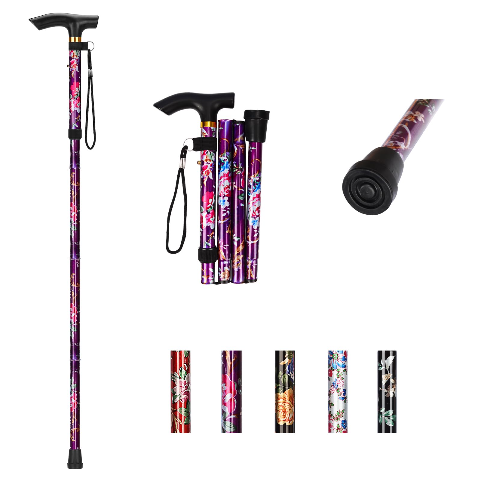 YF Bastón Plegable para Mujeres, Bastón Ajustable para Damas, Bastón Ligero para Viaje, Ayuda de Movilidad para Personas Mayores con Correa de Muñeca y Mango en T