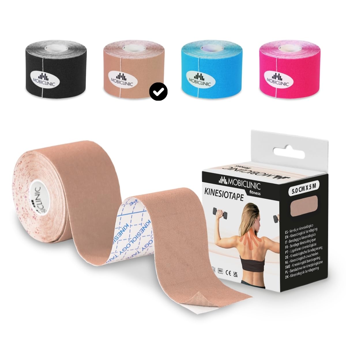 Mobiclinic®, Kinesiotape, Venda Neuromuscular Adhesiva, 5m x 5cm, Esparadrapo Deportivo, Alivio Dolor Muscular, Vendaje Kinesiológico, Apto para Múltiples Zonas, Cinta Kinesiológica, Face Tape (Beige)