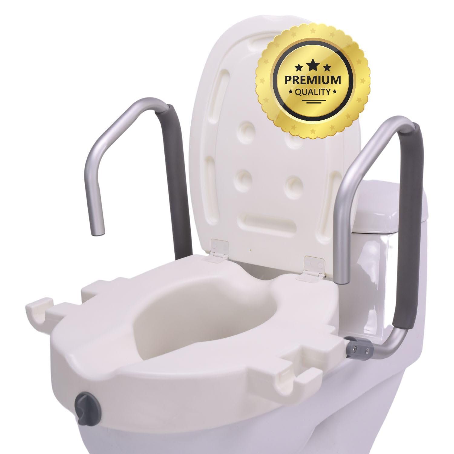 OrtoPrime Elevador WC Adulto 9cm Reposabrazos Abatibles ADAPTABLE Alzador wc Adulto - Adaptador wc Mayores CON TAPA Asiento Elevador Inodoro Adultos - Alzador de baño personas mayores ORTOPÉDICO