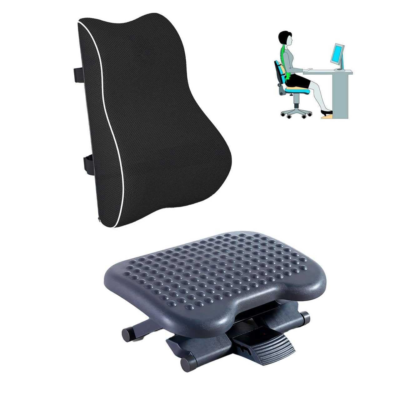Kit Ergonómico De Oficina 2 en 1: Reposapiés Ajustable 3 Alturas + Cojín Lumbar Silla De Oficina, Mejora la Postura y Comodidad en Oficina y Hogar, Soporte Para Epalda Y Pies