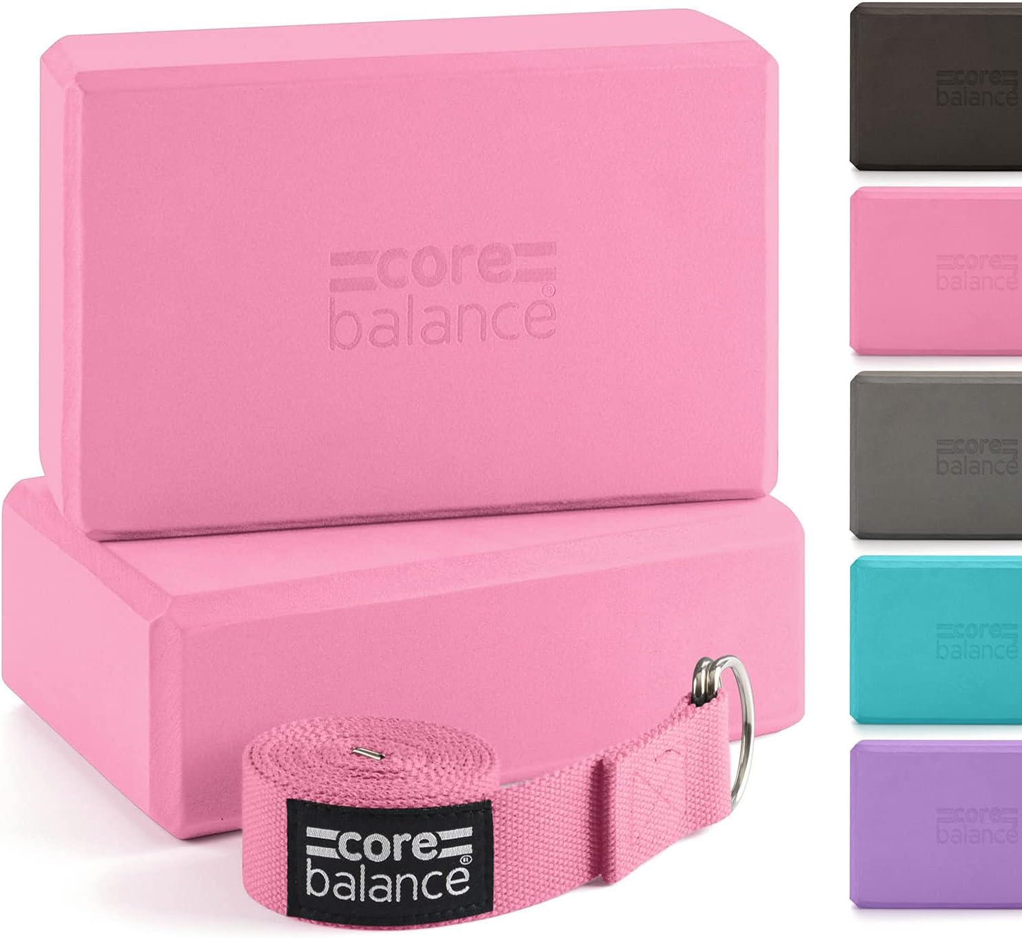 Core Balance Set Bloque Espuma Yoga con Correa - Ladrillo Soporte De Yoga Pilates. Alta Densidad, Resistente, Firme, Ligero - Correa Algodón con Hebilla D Gratis, 5 Colores