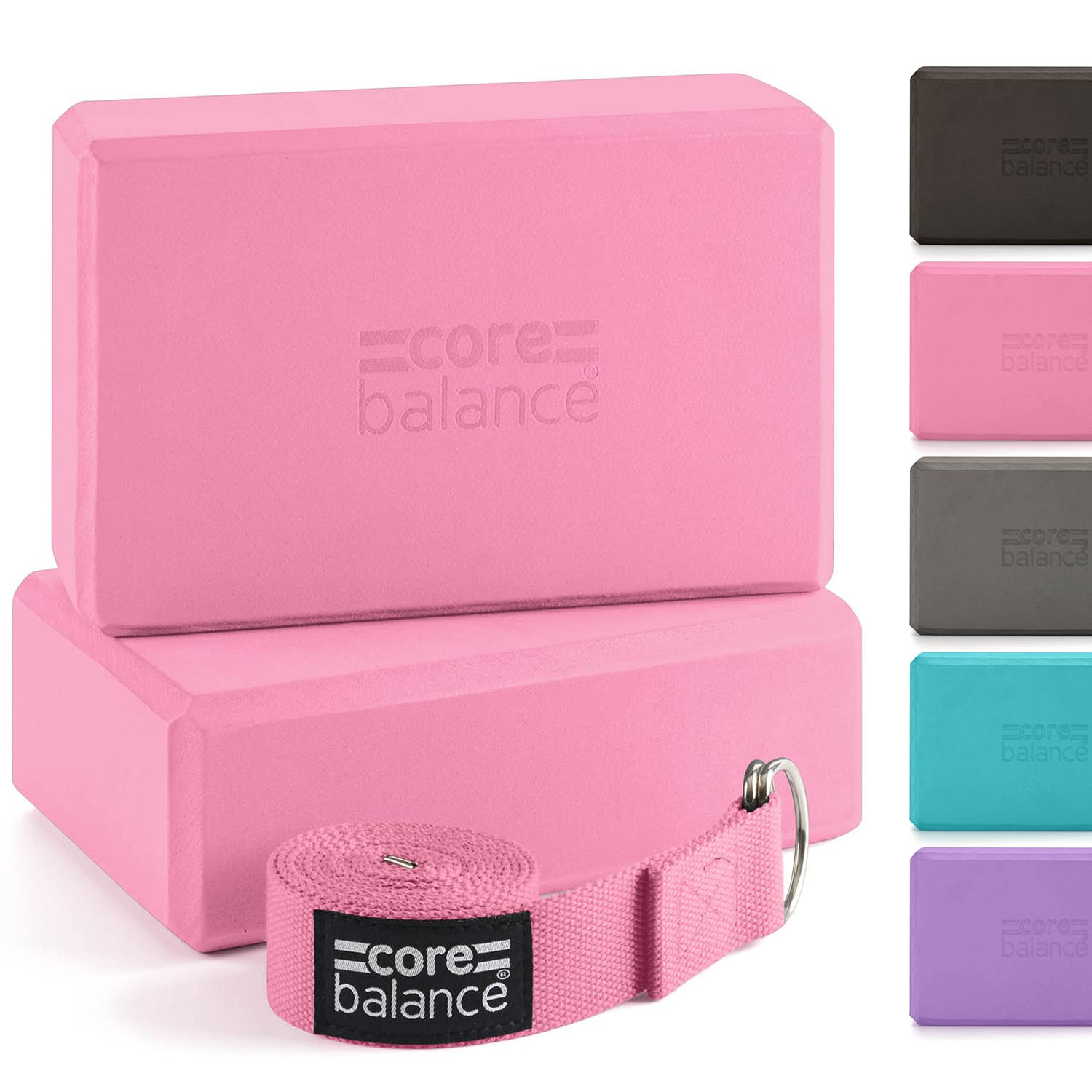 Core Balance Set Bloque Espuma Yoga con Correa - Ladrillo Soporte De Yoga Pilates. Alta Densidad, Resistente, Firme, Ligero - Correa Algodón con Hebilla D Gratis, 5 Colores