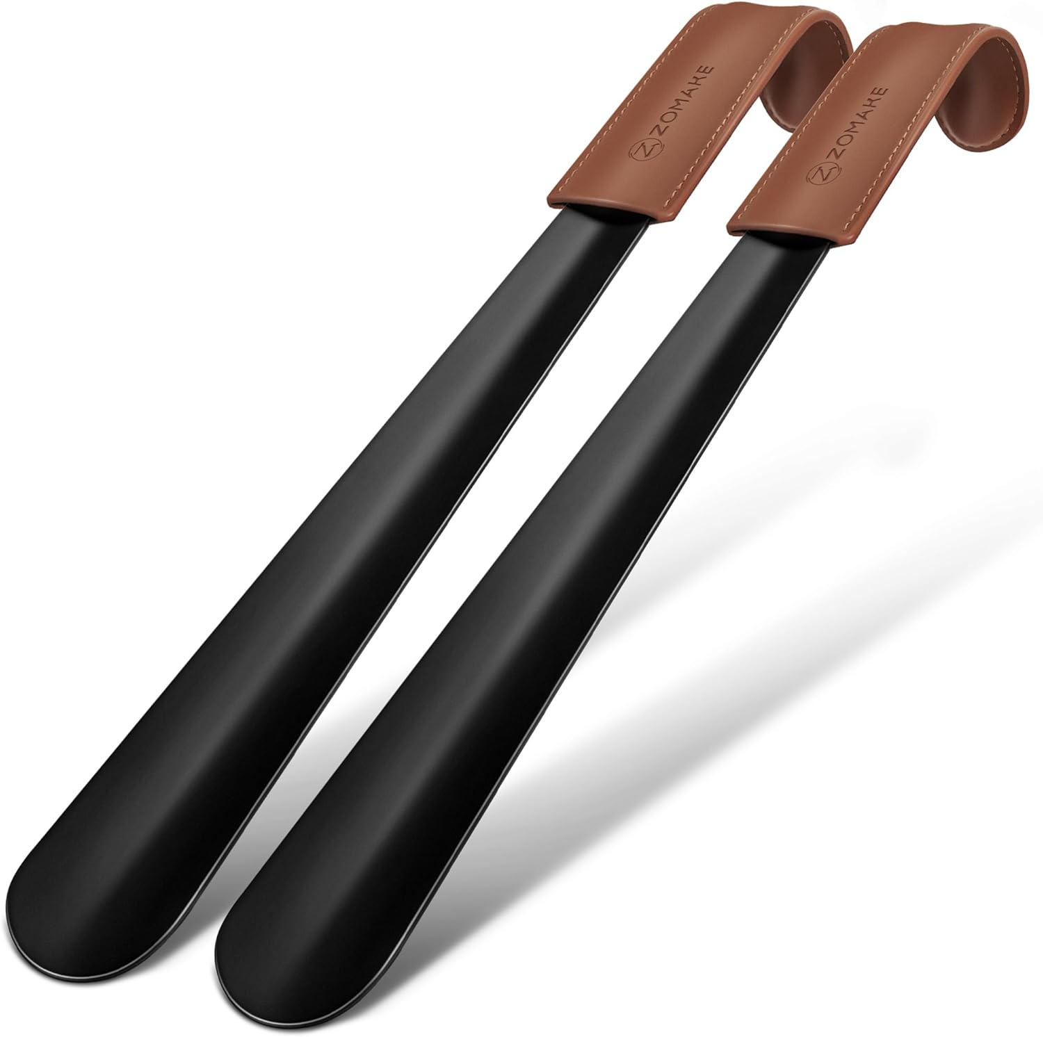 ZOMAKE Calzador de Acero Inoxidable Largo 42CM - Metalico Calzadores Largos,Mango de Cuero Para Mujeres Embarazadas y Personas de La Tercera Edad(2 Piezas Negras)