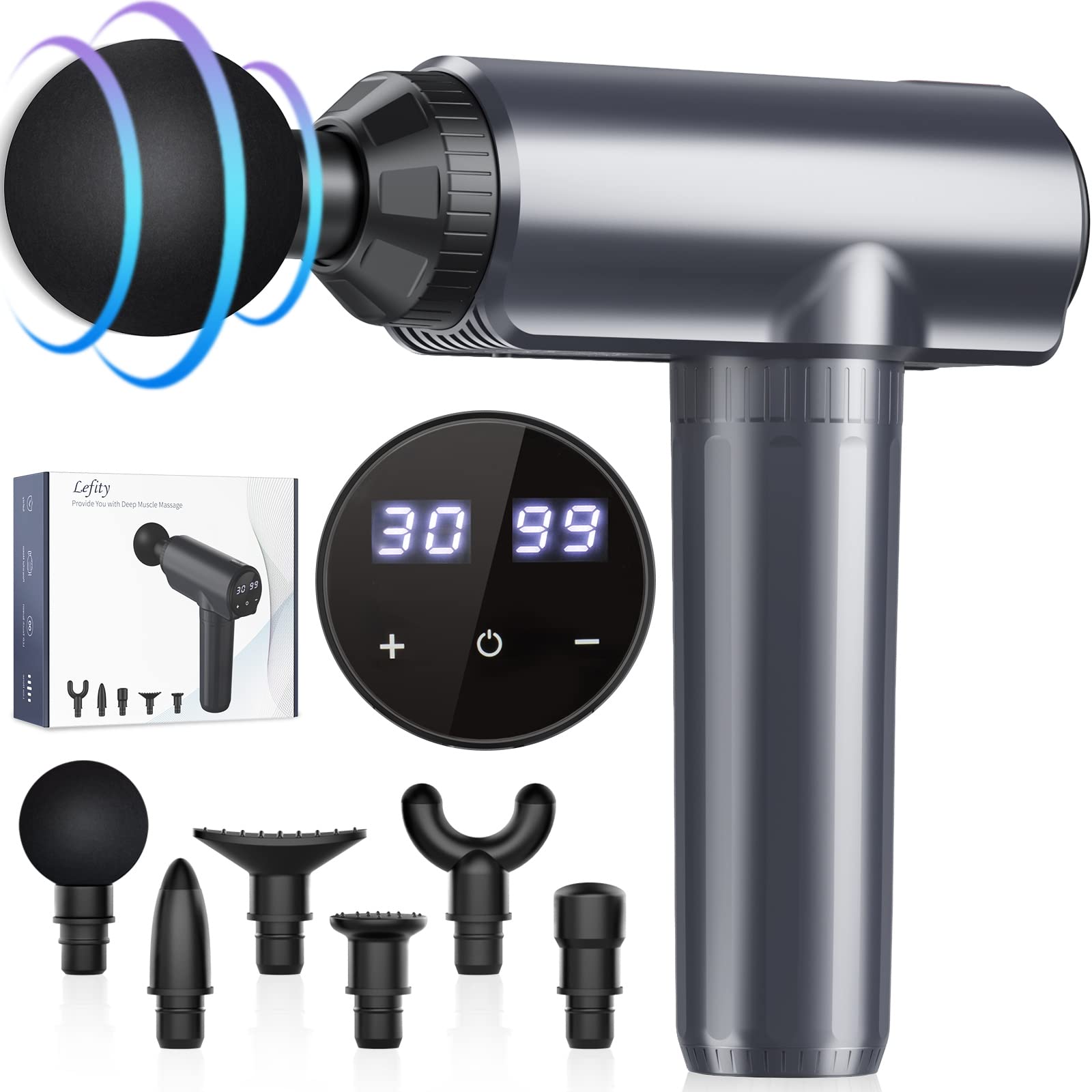 Pistola de Masaje Muscular, Pistola Masajeadora Muscular de Tejido Profundo Lefity con 30 Velocidades, y 6 Cabezales de Masaje, con Pantalla LCD para Aliviar el Dolor Muscular (Gris)