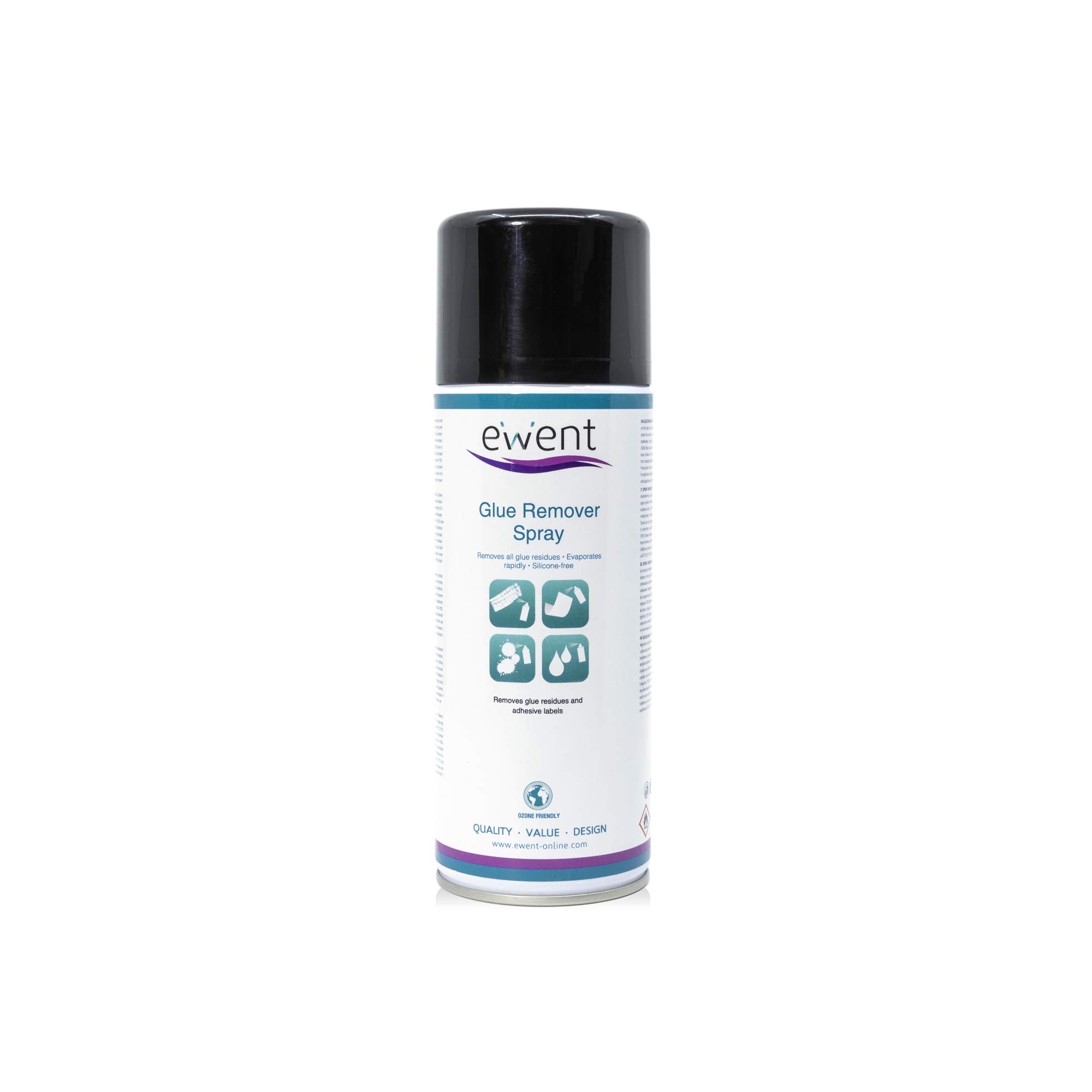 Ewent EW5627 - Spray removedor de pegamento 400ml - Elimina residuos de pegamento y/o etiquetas adhesivas de superficies de plástico, vidrio, madera y metal, El embalaje puede variar