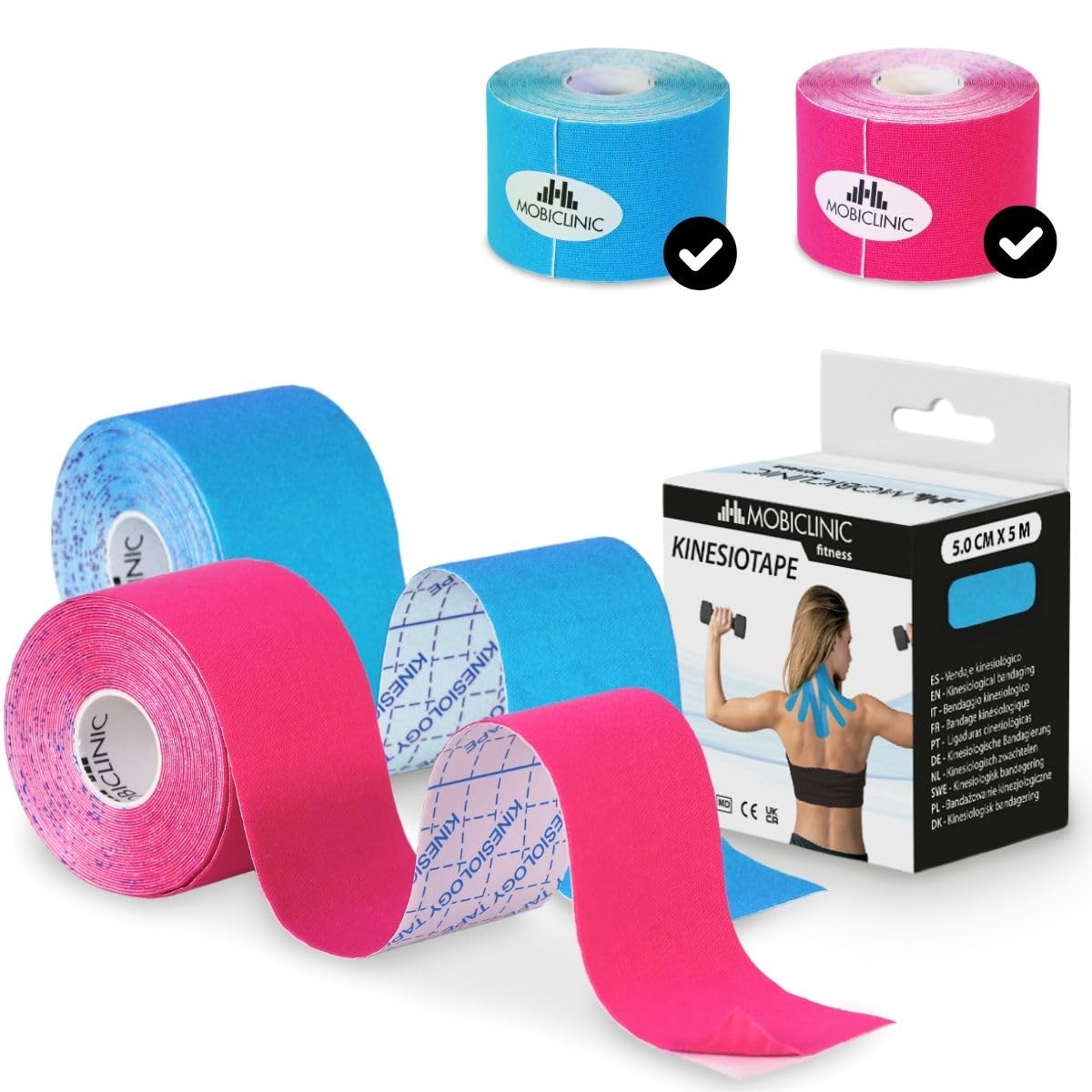 Mobiclinic, Pack de 2 kinesiotape, Mobitape, Venda neuromuscular adhesiva, Alivio dolor muscular, Elásticas, Impermeable, Vendaje kinesiológico, Apto para múltiples zonas, Rollo, 5x5cm, Rosa y azul