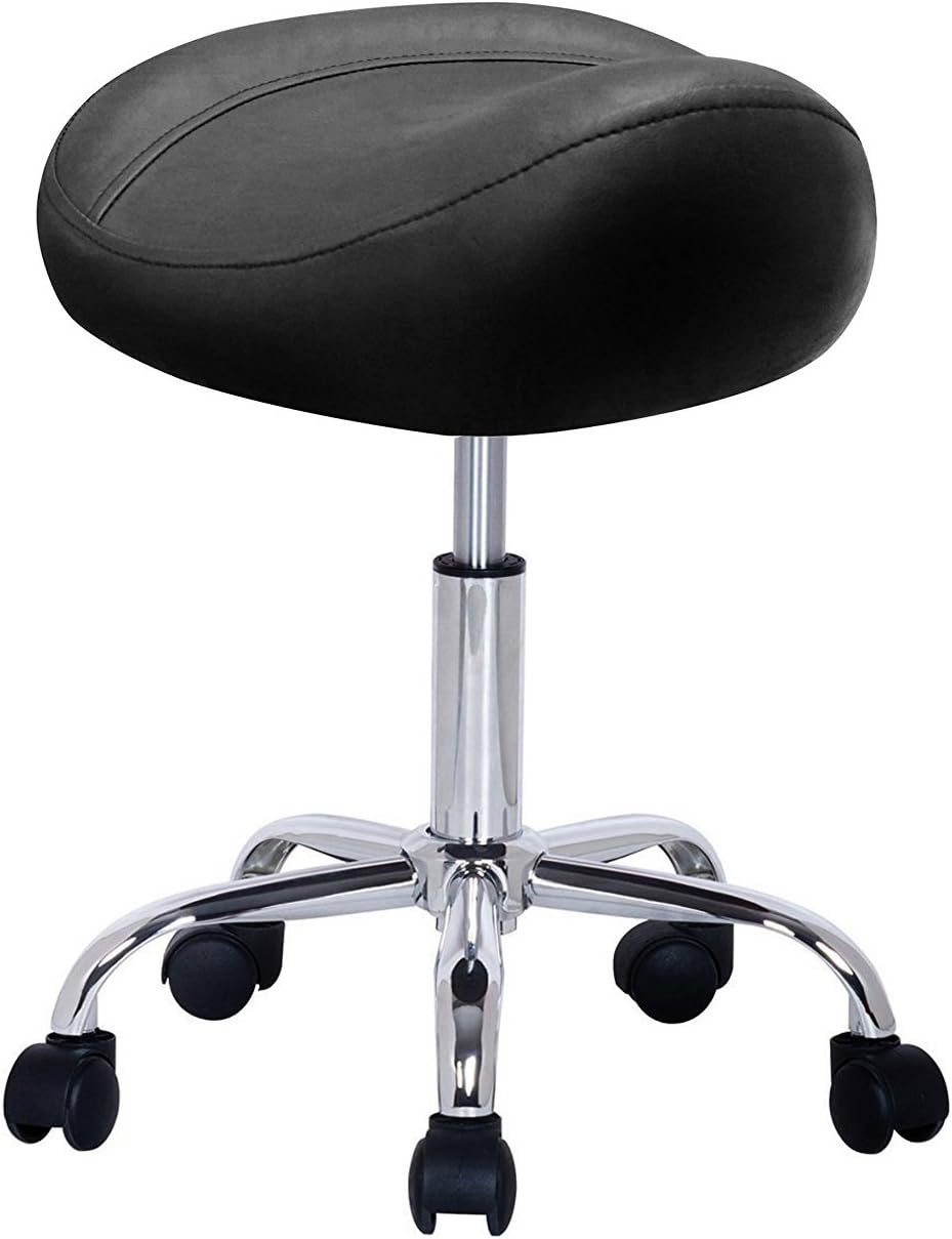 Taburete de Peluquería, Silla de Peluquería, Asiento de Material Cuero Sintético y Diseño Ergonómico, Altura Regulable, Giratorio 360º y Base Estable con 5 Rueditas, Color Negro