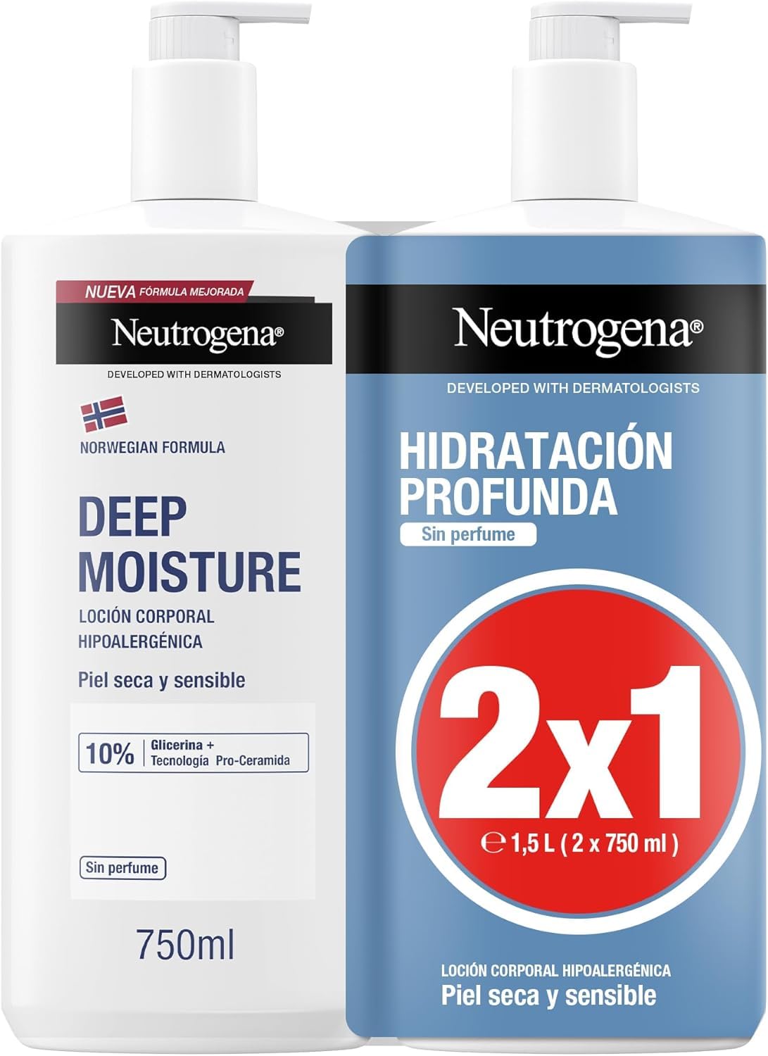 Neutrogena Fórmula Noruega Hidratación Profunda Loción Corporal Hipoalergénica (2 X 750 ml), crema hidratante para piel seca y sensible, con Pro Ceramida y Glicerina