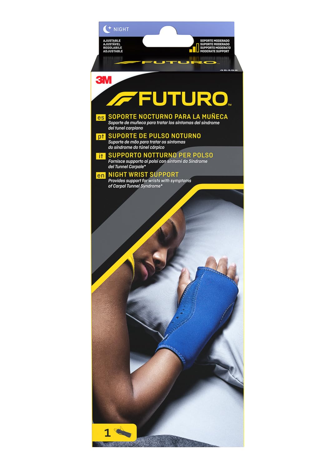 FUTURO Soporte Nocturno para la Muñeca - Ajustable (13.3 - 22.9 cm) - Muñequera para Tratar los Síntomas del Síndrome del Tunel Carpiano Durante la Noche