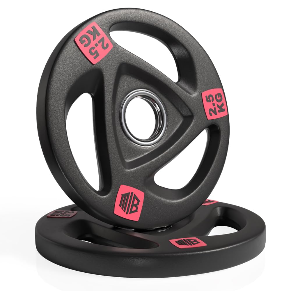ManiBoom Discos Pesas Hierro ENGOMADO 30mm y 50mm Olimpica con Anillo Interior de Acero y Triple Agarre ERGONOMICO - Disco para Barra o Mancuernas 2,5kg, 5kg, 10kg, 15kg, 20kg