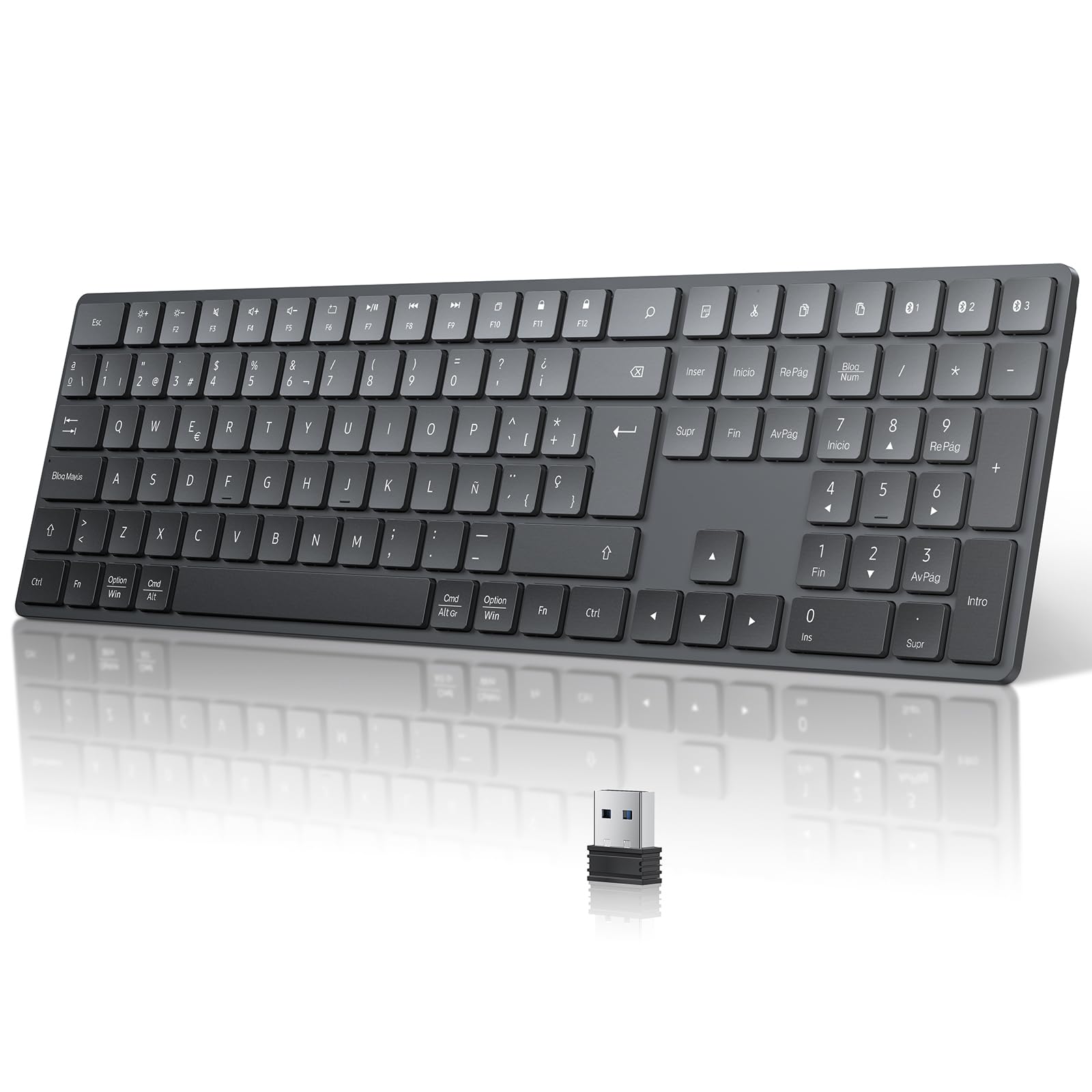 Teclado Inalámbrico Bluetooth, USB 2.4G Teclado Inalámbrico para Mac/Windows con 3 Canales Bluetooth, QWERTY Ergonómico Español Multimedia Silencioso Delgado Teclado (Negro)