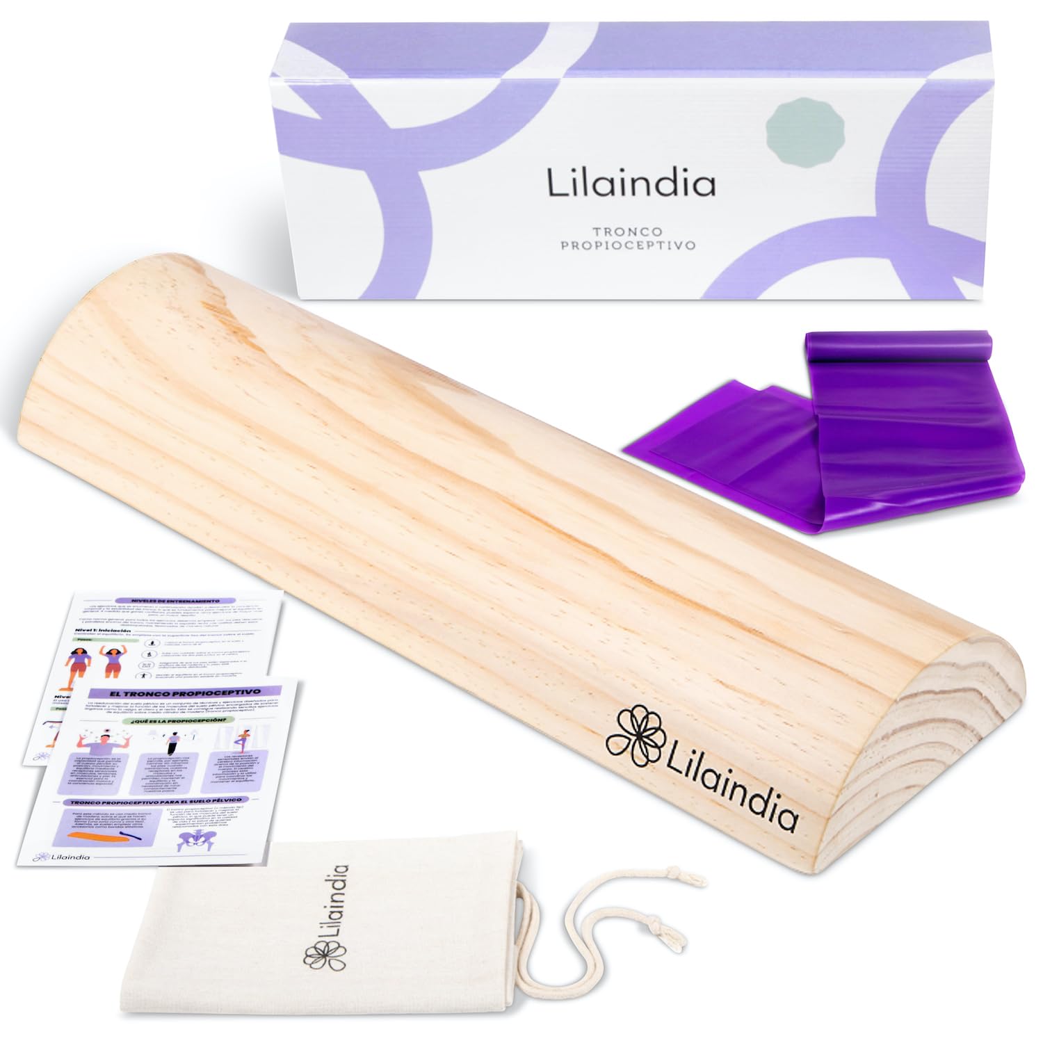 Lilaindia - Tronco Propiocepcion Suelo Pelvico - Tronco Propioceptivo con Funda y Banda Elastica - Tronco Madera Suelo Pelvico - Tronco Metodo 5p - Tronco Eutonia - Incluye Manual de Ejercicios