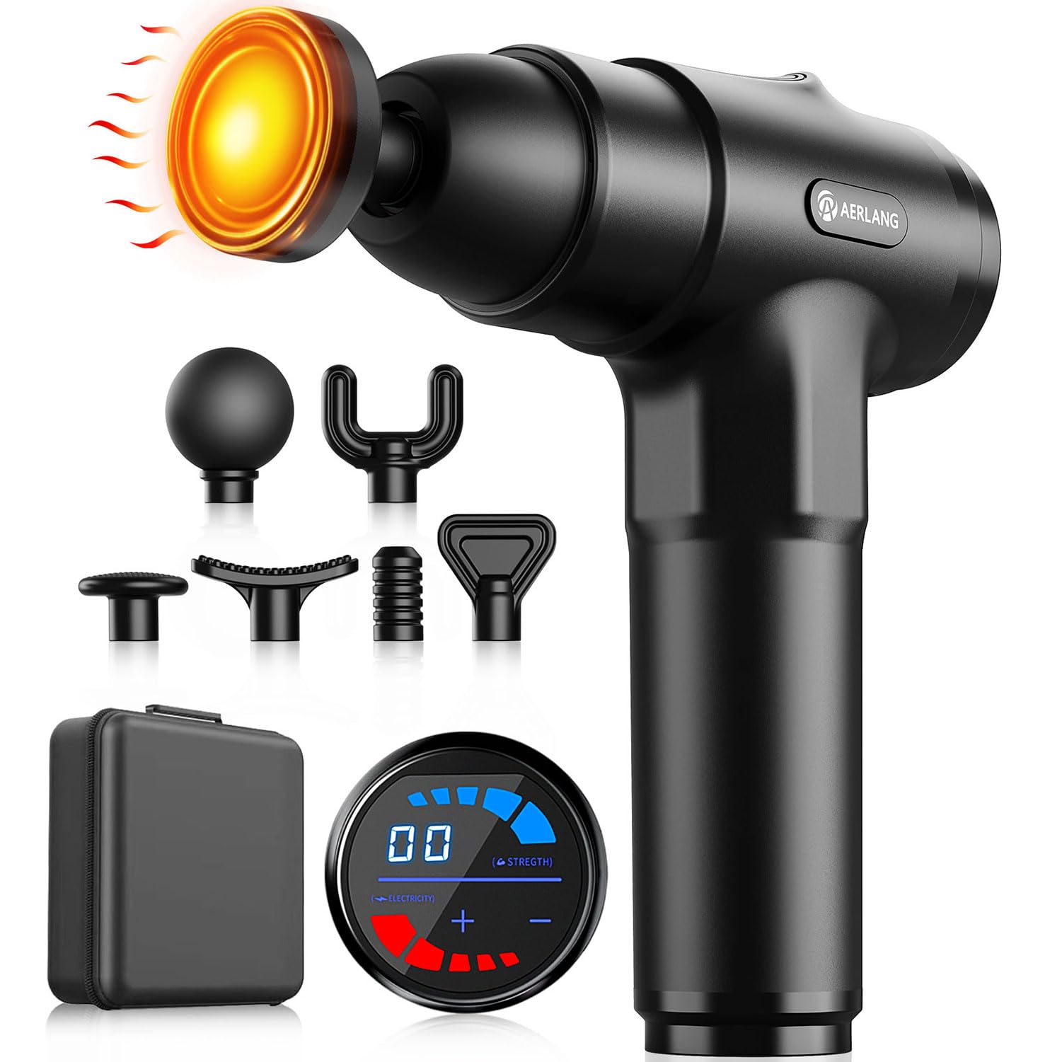 AERLANG Pistola de Masaje muscular con Calor Masajeador Muscular Profundo,LED,Massage Gun 20 Segmentos Ajustable y 7 Cabezales de Masaje,Masajeador Cervical y Espalda Regalos para Mujer&Hombre