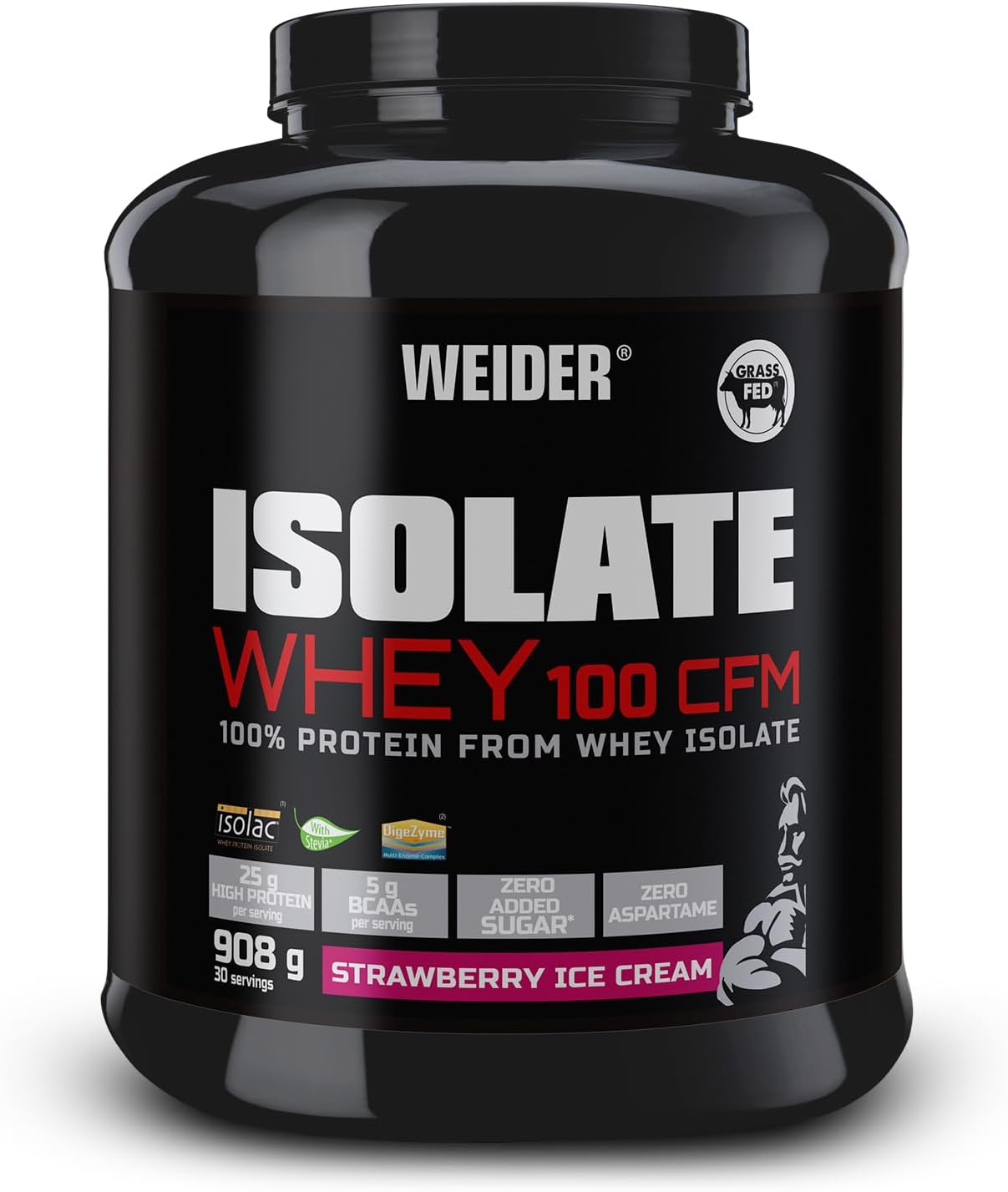 Weider Isolate Whey 100Cfm, Sabor Fresa, 100% Aislado de Proteina de Suero. Cero Azúcar, Cero Aspartamo, con Stevia, con Dygezime, con Bcaa, Apto para Veganos, Isolac, Keto, Negro, 908 Gramos