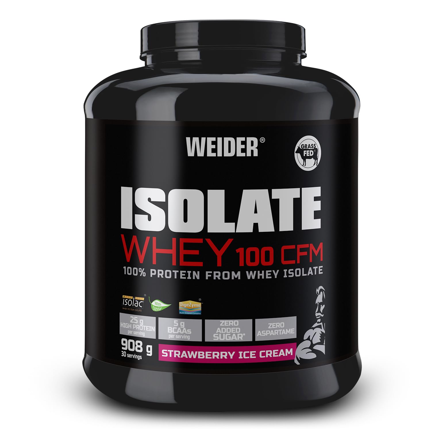 Weider, Isolate Whey 100CFM, 100% Aislado de Proteina de Suero, Alta Pureza y Cero Azúcar y Cero Aspartamo, Sabor Helado de Frambuesa, Bote con 908 g