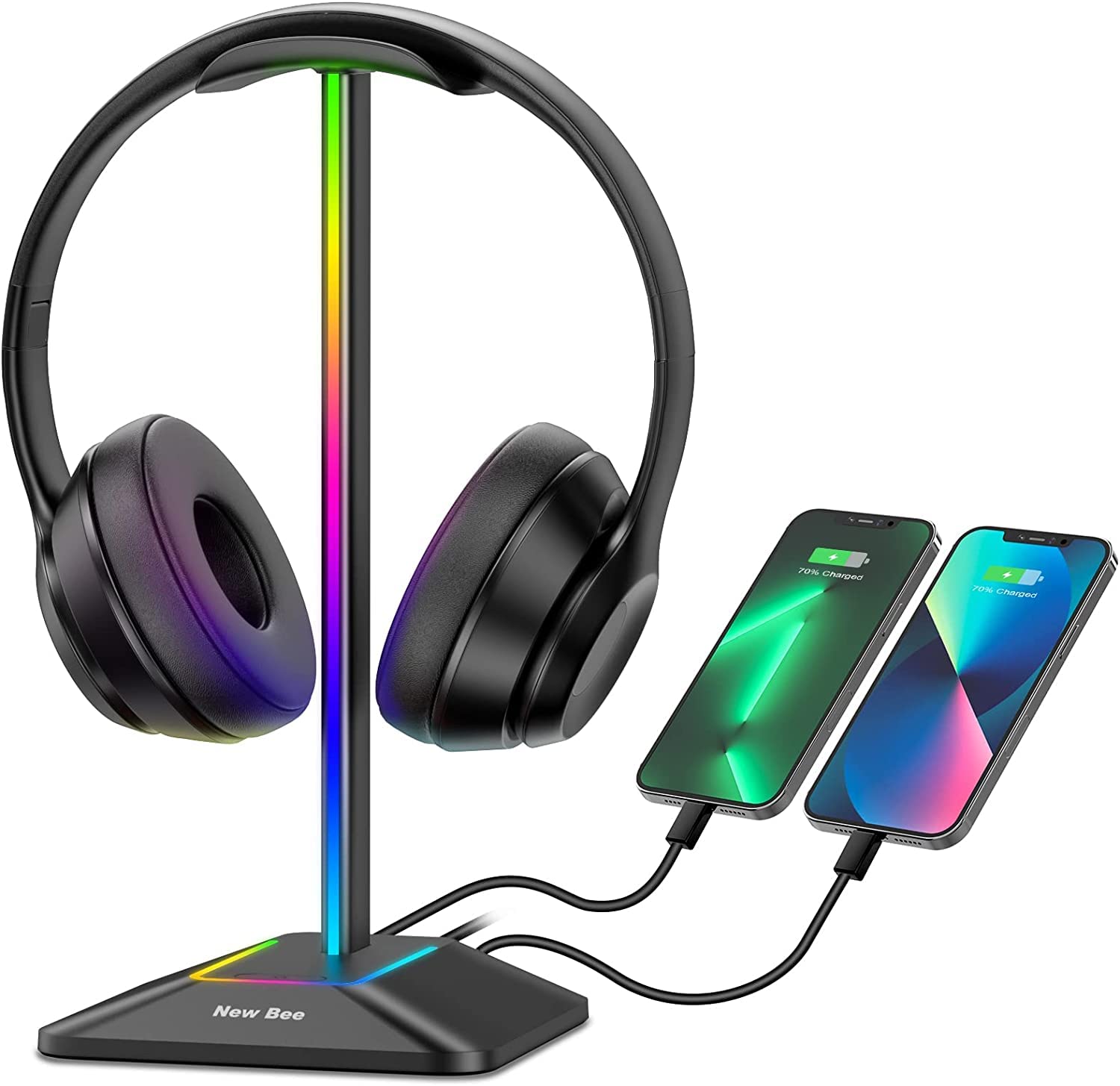 New Bee Soporte Auriculares, Soporte Cascos Gaming RGB para Juegos con Cargador USB Tipo C y Transferencia de Datos, Universal, para Todos los Auriculares de Escritorio (Negro)