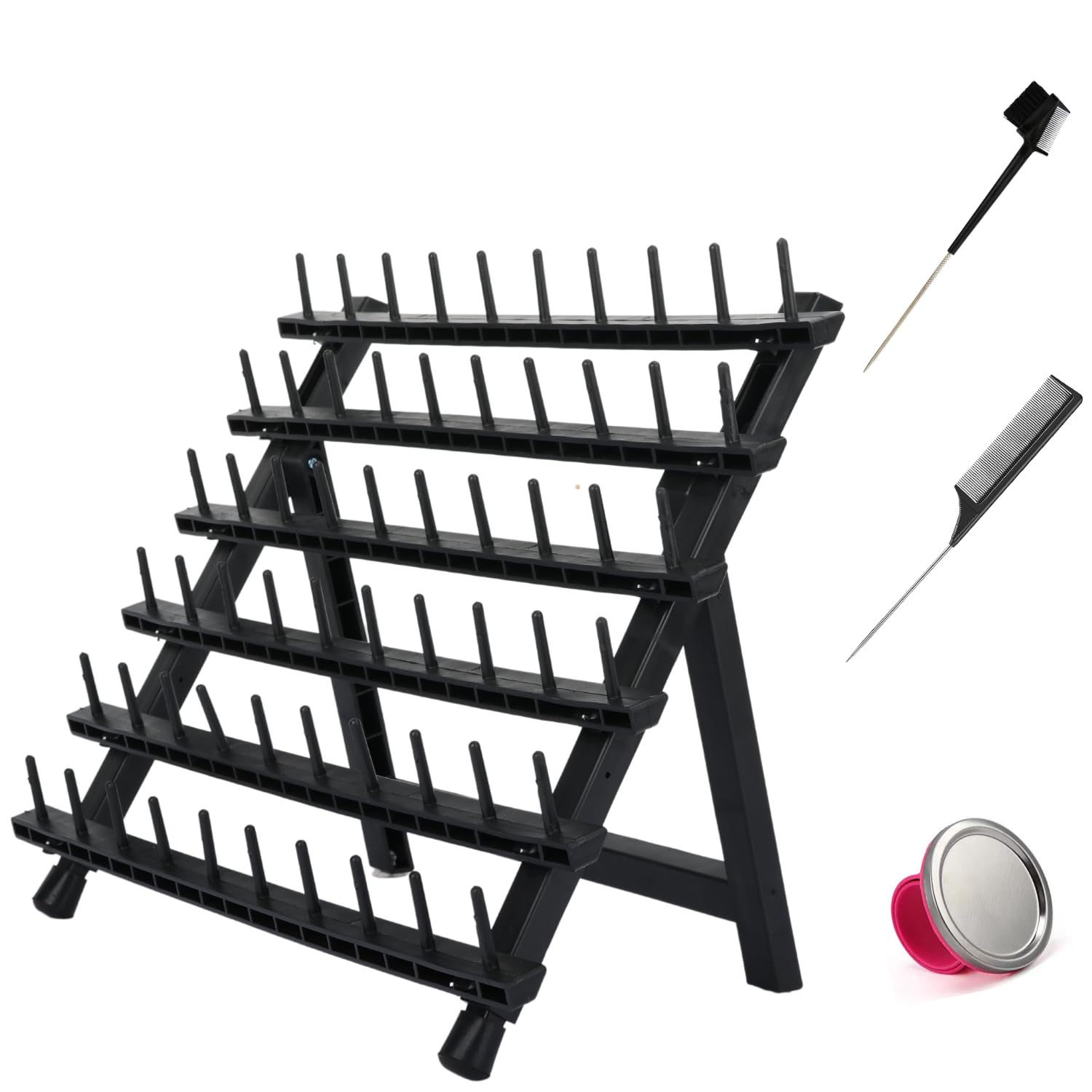 lightmay Soporte de pelo trenzado con 60 pinzas de pie, versátil soporte de pelo con 60 carretes – Soporte ergonómico trenzado para estilistas – Ahorro de tiempo (negro)