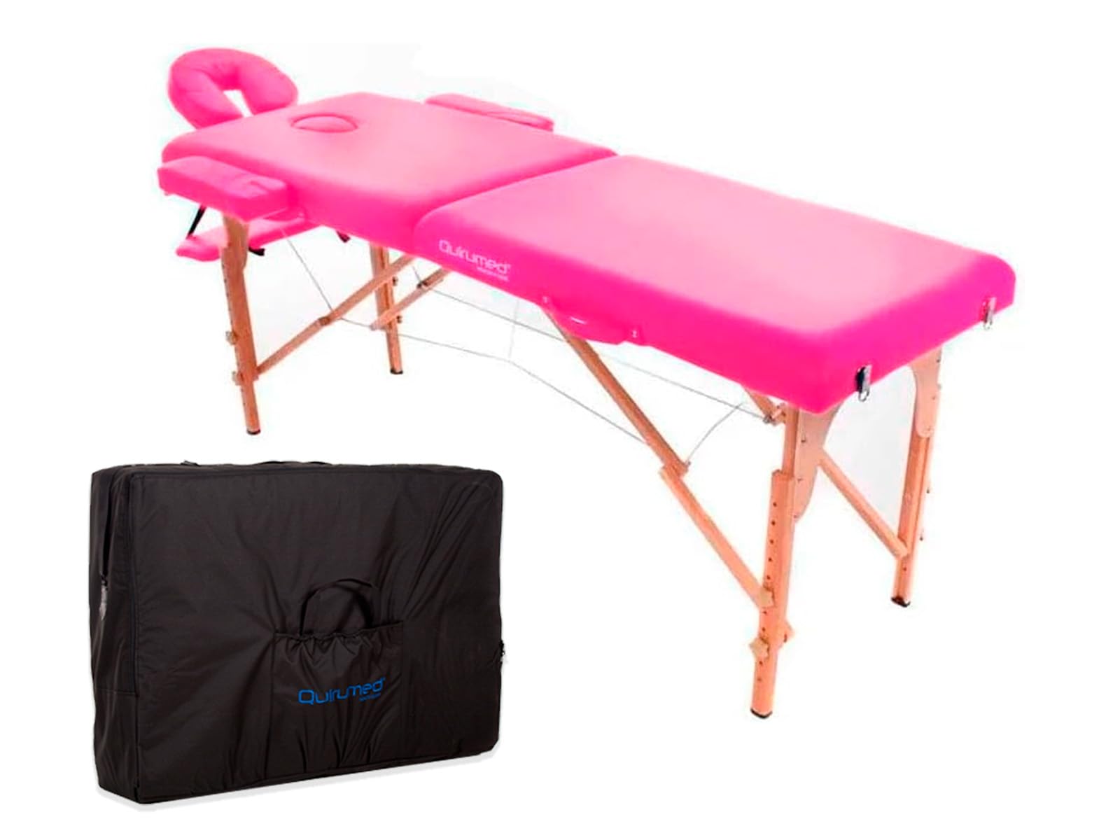 QUIRUMED Camilla Plegable Masaje de Madera Easy, Color Rosa, 194 x 70 cm, Mesa de Masaje, Masaje Fisioterapia, Polipiel, Cabezal articulado, Altura Regulable, 2 cuerpos, hasta 150 kg