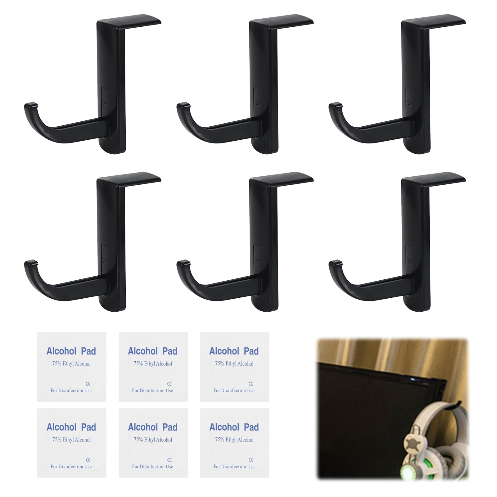 6 Pcs Soporte de Auriculares Gancho Adhesivo, Soporte para Monitor Ganchos para Auriculares con 6 Pastilla limpiadora, Compatible con Todo Tipo de Auriculares, para Monitor, Escritorios de Oficina
