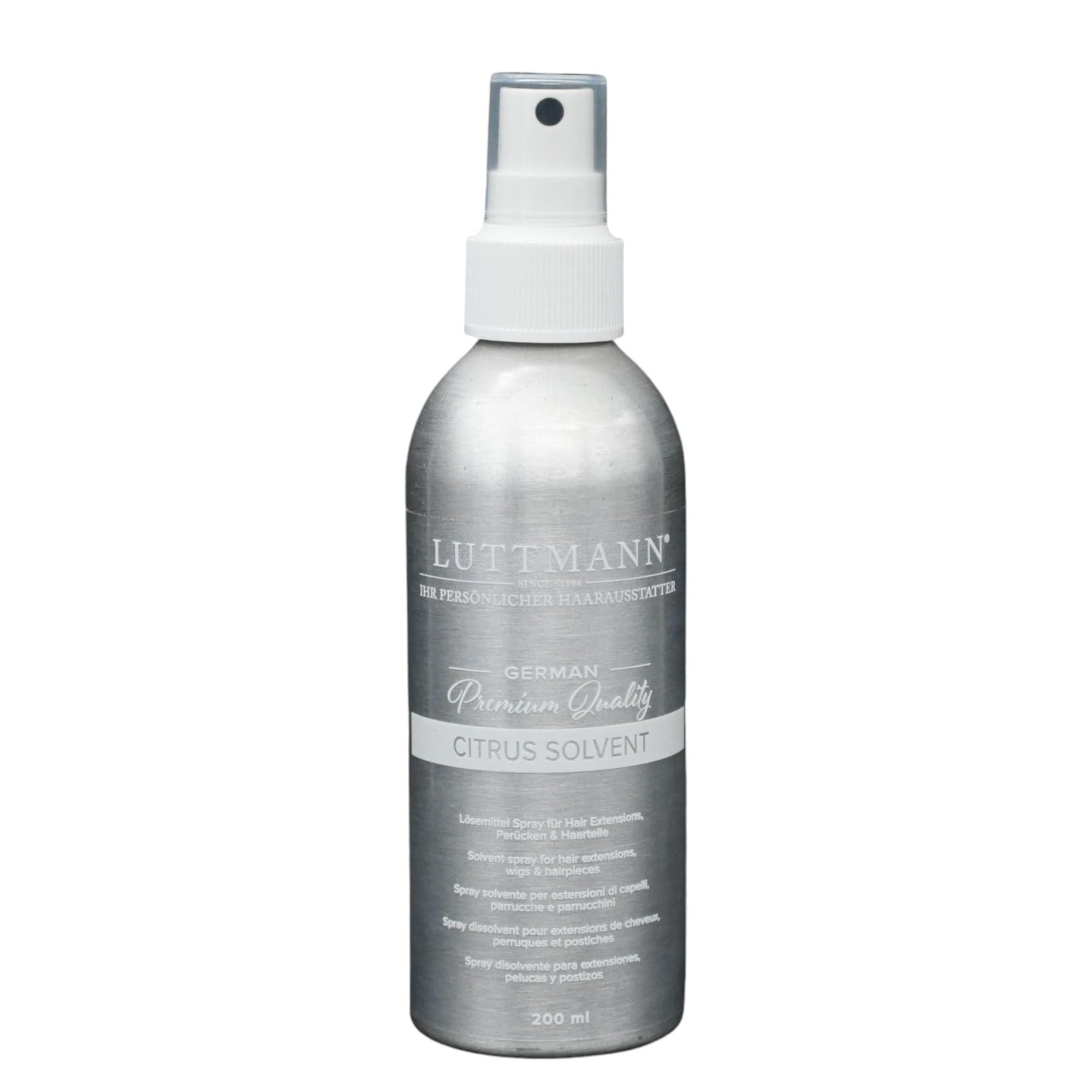 LUTTMANN® Citrus Solvent Remover 200 ml – Limpiador, disolvente, spray disolvente para extensiones de cabello, pelucas y postizos, fabricado en Alemania y dermatlógicamente probado