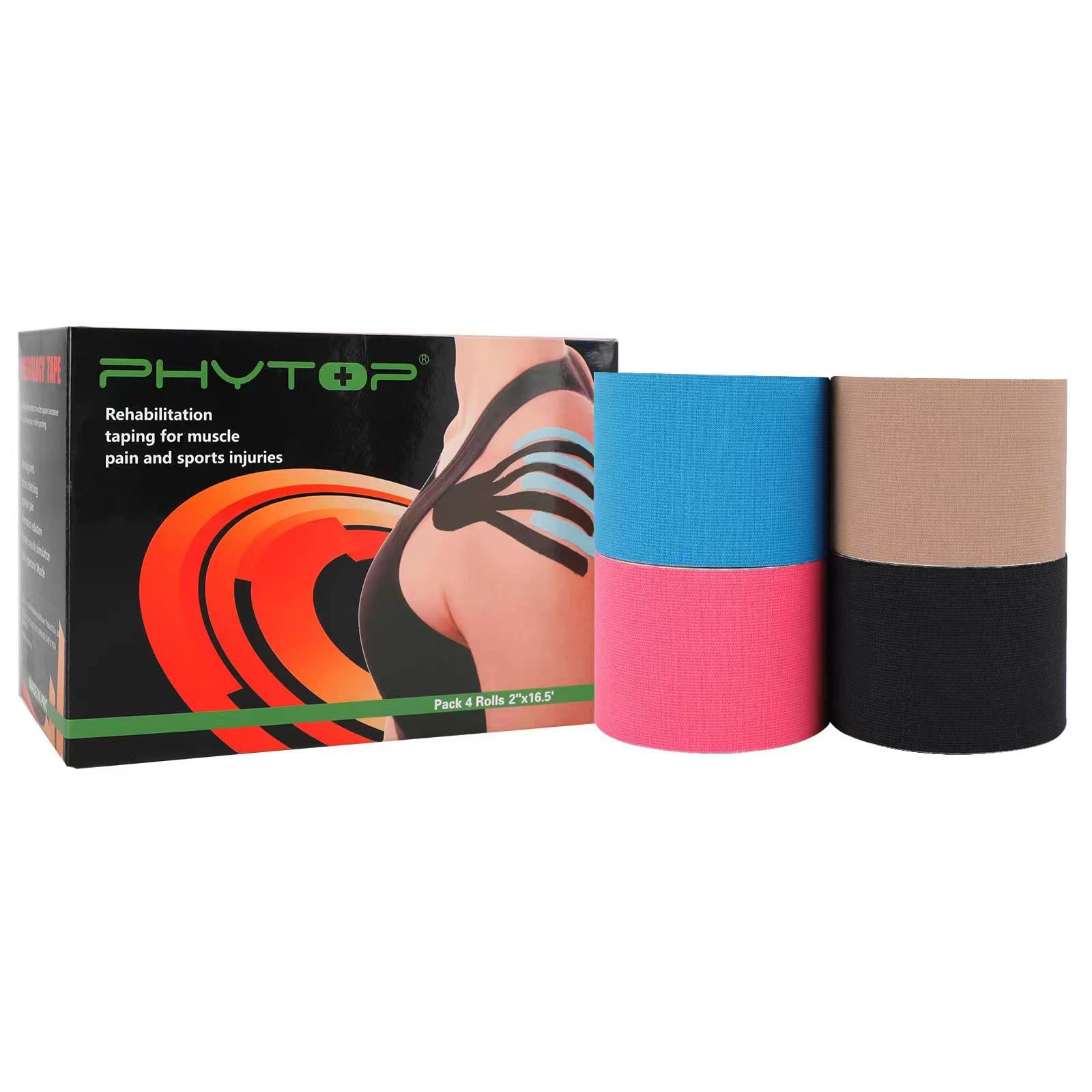 PHYTOP 4 Rollos Cinta de Kinesiología 5cm x 5m (Rosa, Azul, Negro, Beige) Kinesiotape Vendaje Neuromuscular para las Lesiones Deportivas & Fisioterapia