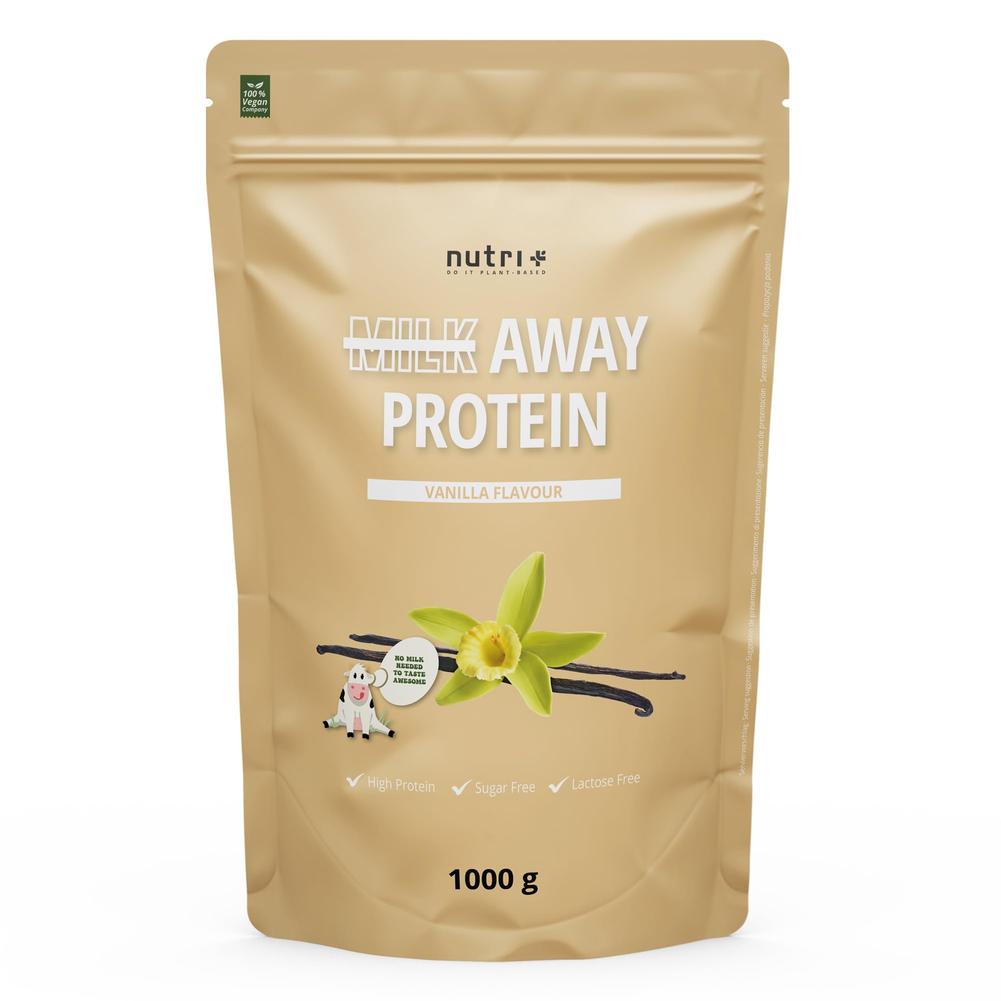 Nutri + vegan Protein Powder Vanilla - Proteinas sin Soja 1kg - Batido de 5k Mezcla de Proteínas de Guisantes, Trigo sarraceno, Semillas de Cáñamo, Arroz y Semillas de Calabaza