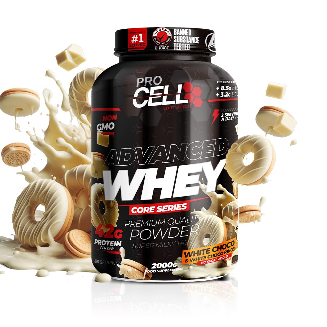 Procell Proteinas Whey Advanced 2kg (Chocolate Blanco) Zero Azúcar, 21g de Proteina, 66 Servicios Whey Protein Concentrado y Aislado de Suero - Proteinas para Masa Muscular en Polvo para Batidos