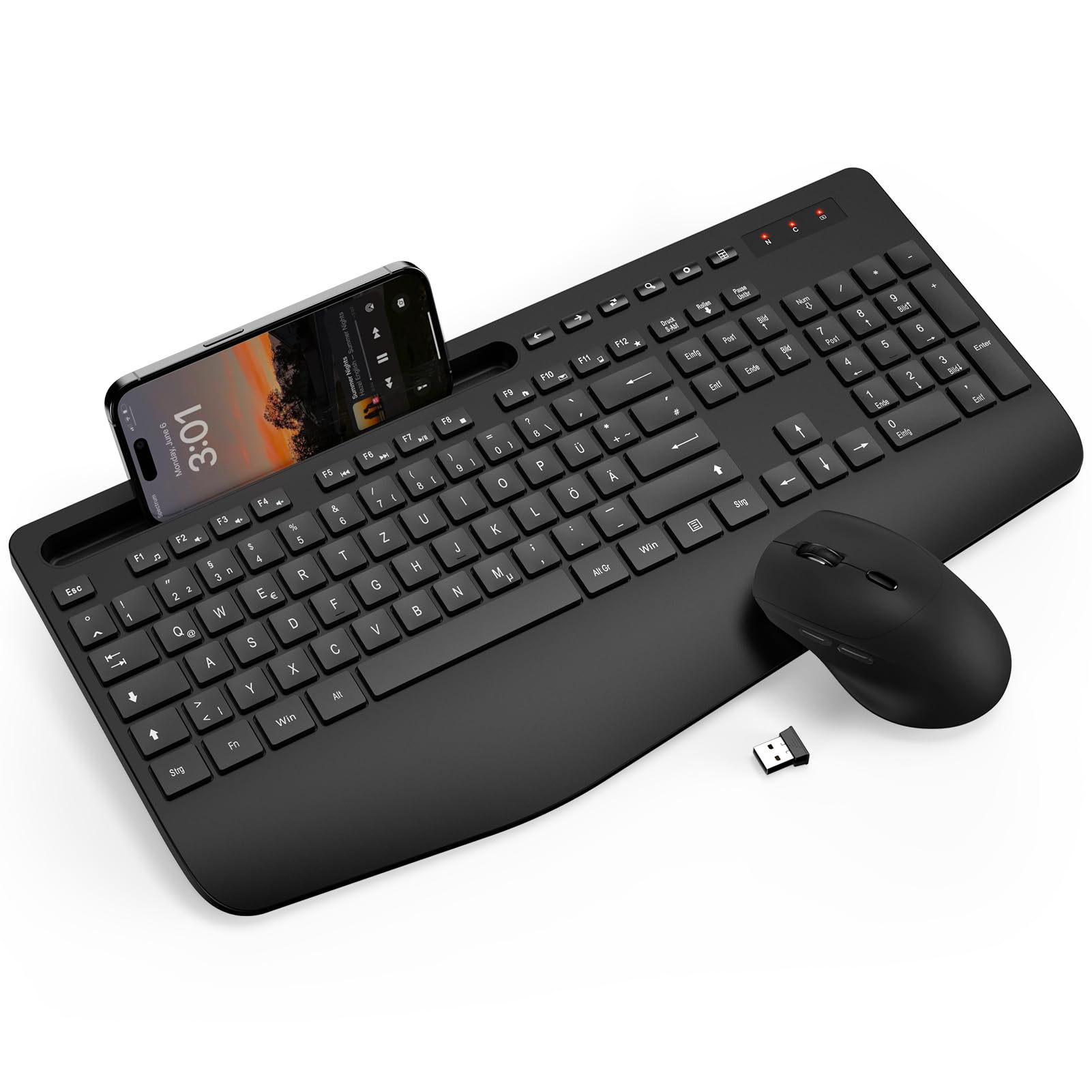 Juego de teclado y ratón inalámbrico, teclado ergonómico de tamaño completo con reposamuñecas, soporte para teléfono, modo de suspensión, teclado y ratón inalámbricos silenciosos de 2,4 GHz para Mac,