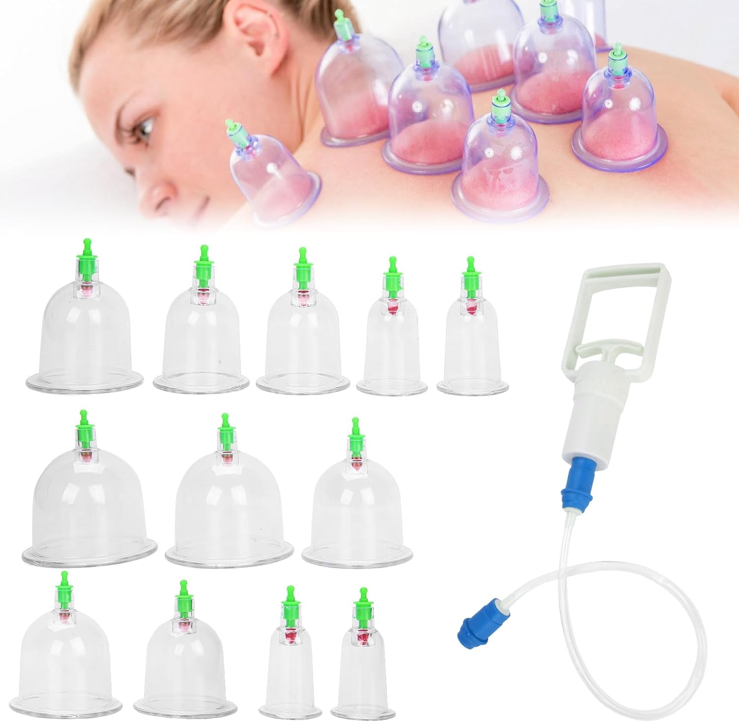 Juego de ventosas Terapia de Cupping: 12 unidades con bomba de vacío, mango de bombeo y tubo de extensión