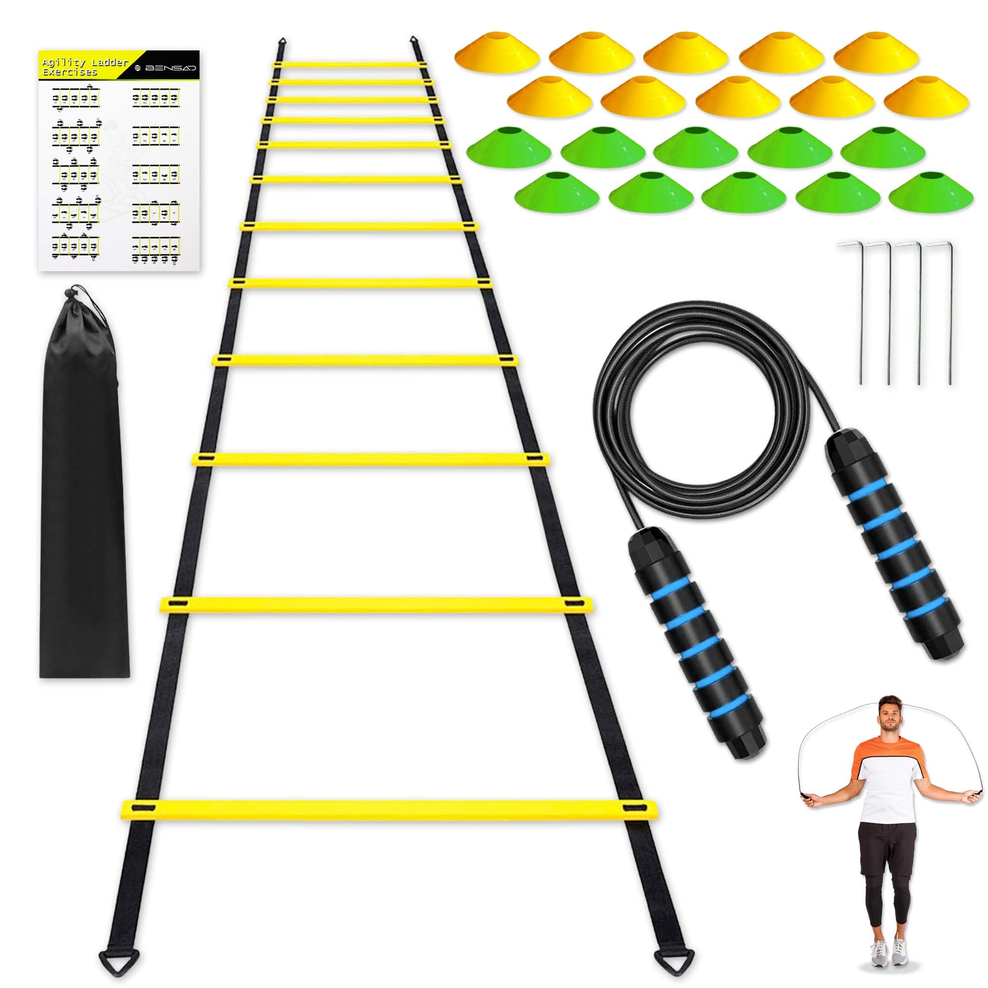 BENSAD®️ Set Entrenamiento Futbol Escalera de Agilidad + 20 Conos Entrenamiento + Comba de Saltar + Guia de Ejercicios + Bolsa de Almacenamiento | Kit Entrenamiento Futbol Niños y Adultos