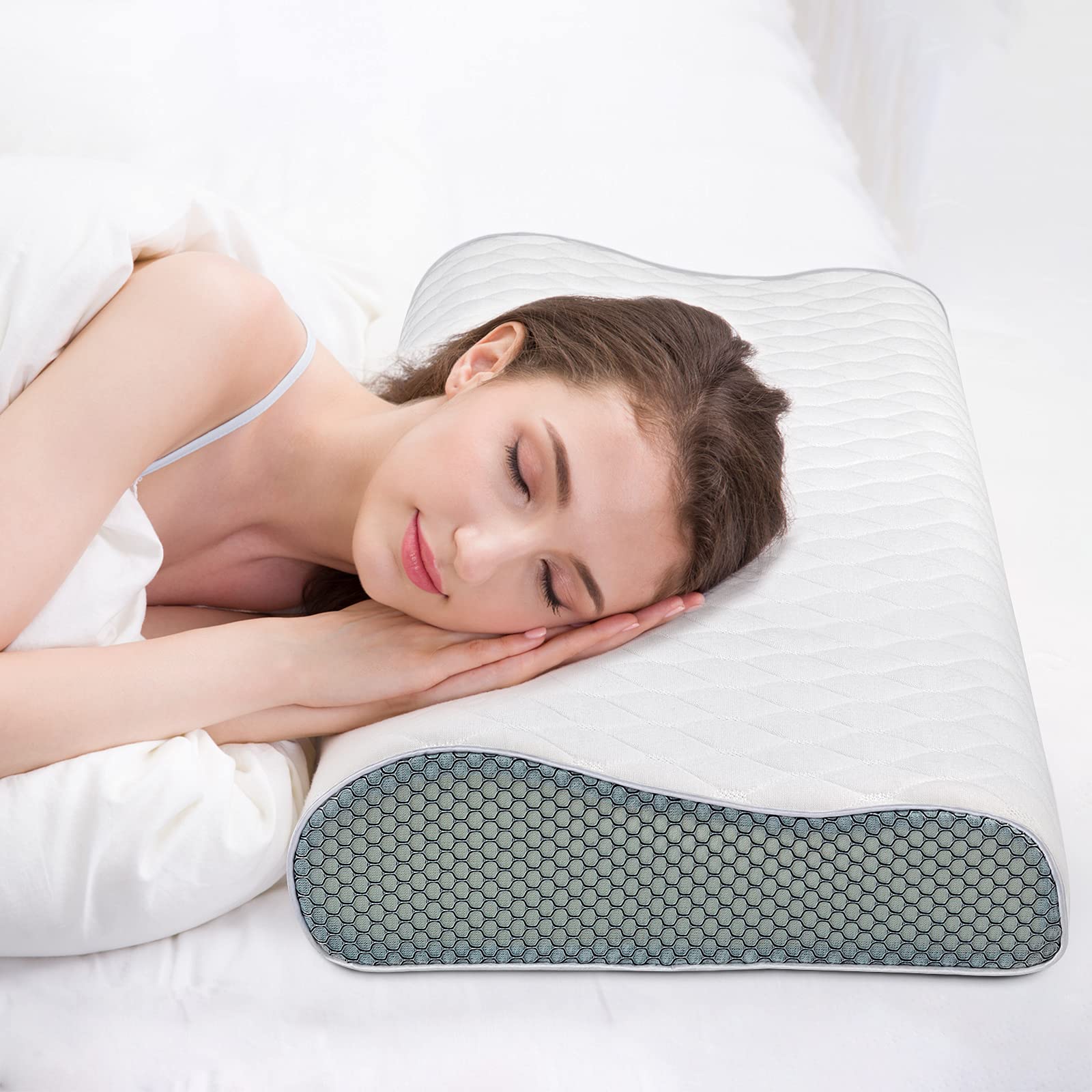 Almohada Viscoelastica, Almohada Cervical Antiacaros con 3D Malla, Almohada Ortopedica Diseño Ergonómico Terapéutico Reduce Dolores Cervicales, Funda de Bambú Extraíble y Lavable