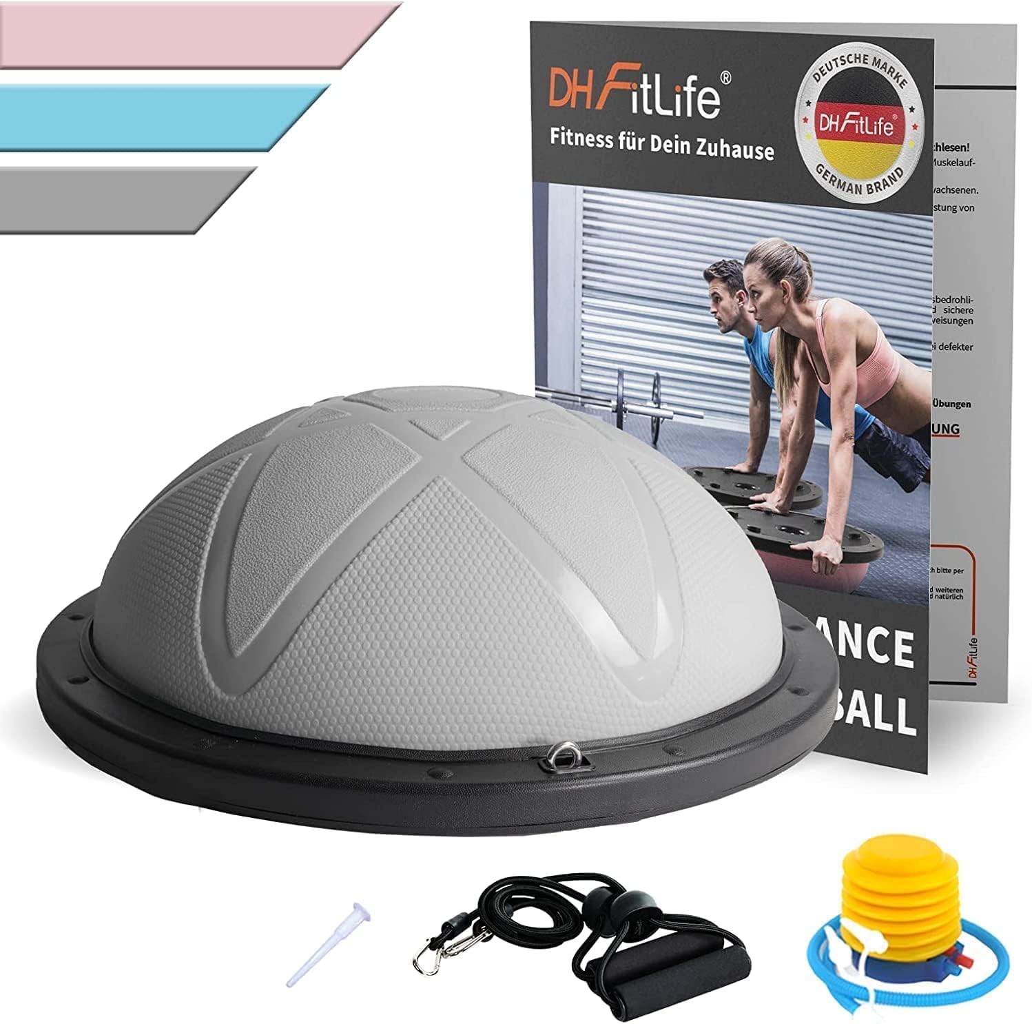 DH FitLife Balón de equilibrio, yoga, entrenador de equilibrio de 60 x 22 cm hasta 200 kg, media pelota de gimnasia, tabla de equilibrio con bomba y 2 bandas de fitness