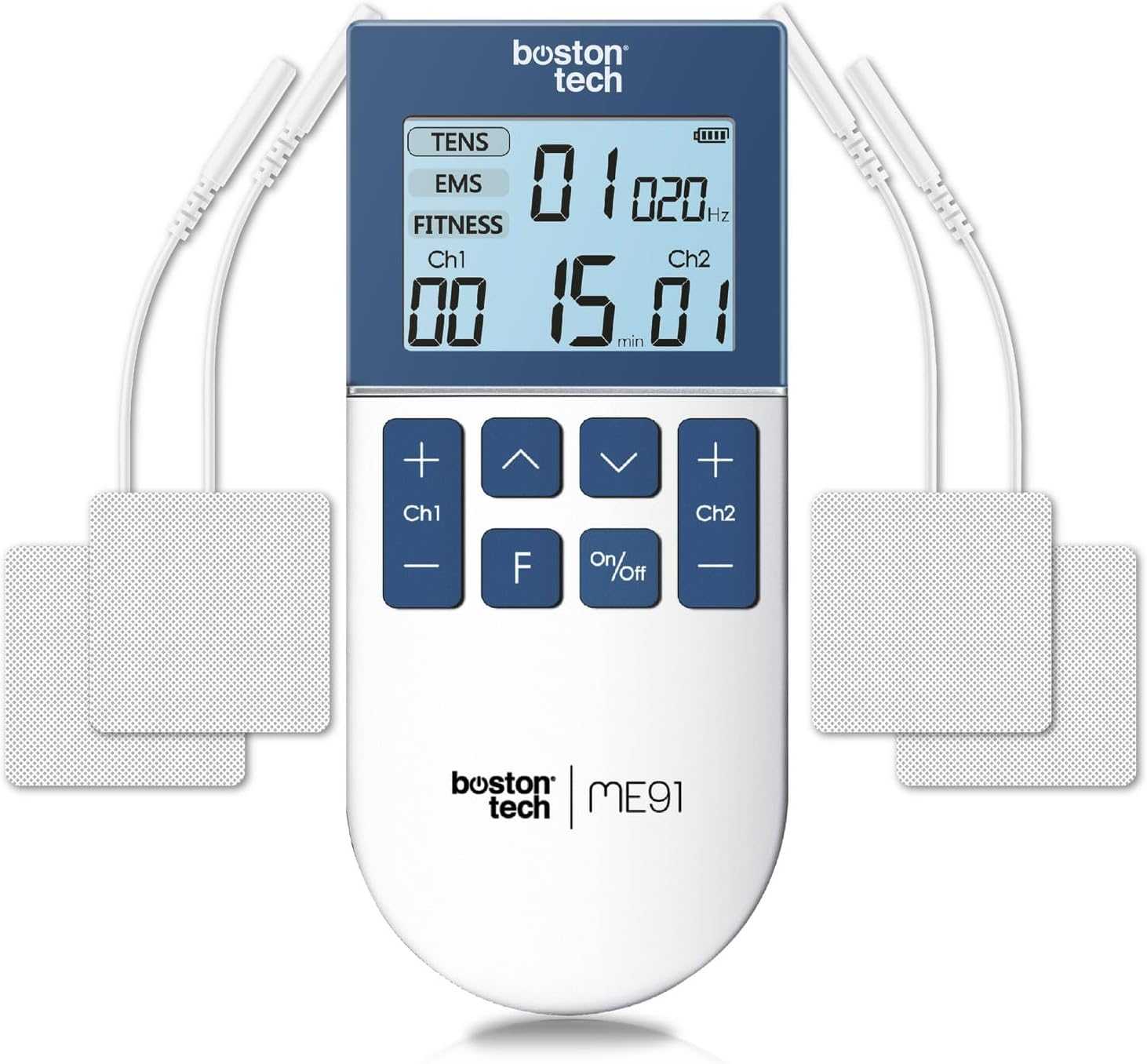 Electroestimulador Muscular TENS/EMS/FITNESS 3 en 1 | Boston Tech® ME91 | 50 Programas, 16 Intensidades, 2 Canales | Alivio del Dolor, Rehabilitación y Magnetoterapia + 4 Electrodos Reutilizables