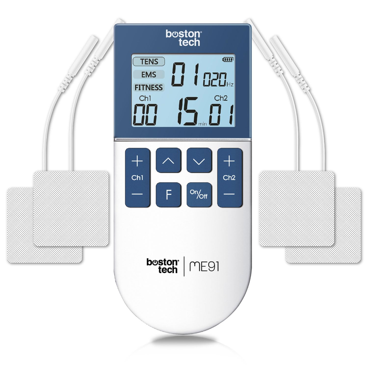 Boston Tech® Electro estimulador Muscular | 3 en 1: TENS + EMS + Fitness | Alivio eficaz del Dolor + Entrenamiento | 2 Canales + 50 Modos + 16 Niveles de Intensidad + Incluye Estuche + 4 Electrodos