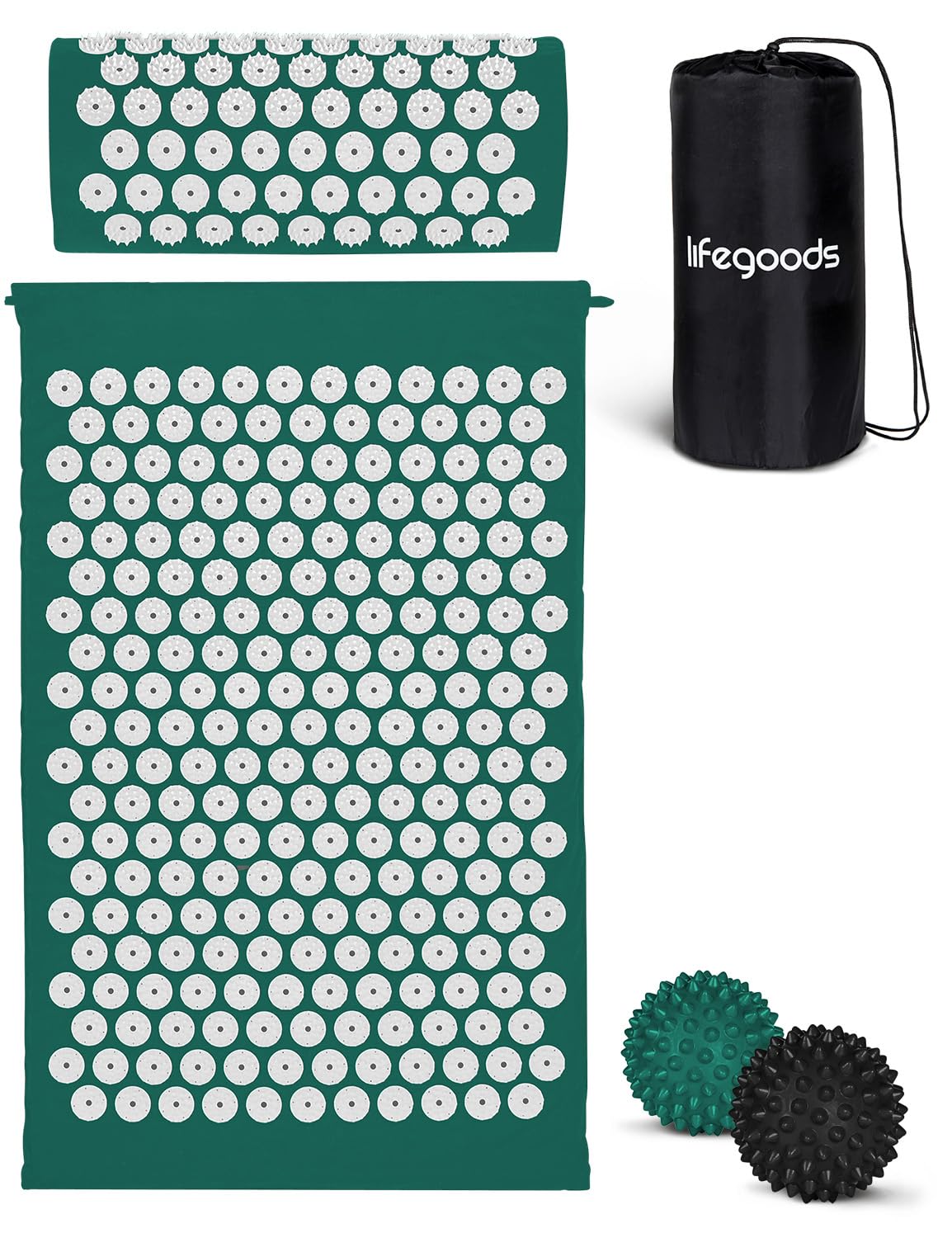 LifeGood Esterilla Acupresion - Eco - Con Cojín, Bolas de Masaje y Bolsa - Almohada - Colchoneta de Acupuntura Relajación y Alivio del Dolor - Flor de Loto - Bianco & Verde