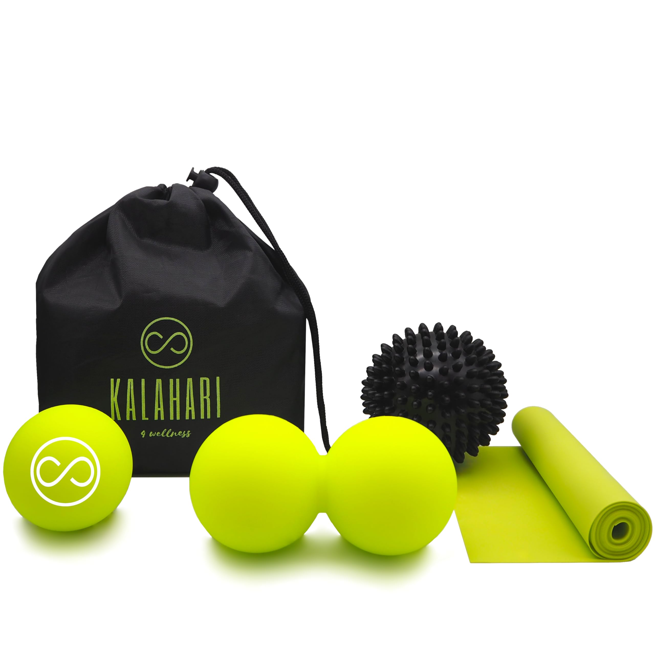 KALAHARI Bolas de Masaje KIT, 4 en 1 más Ebook ejercicios en Español – Bola Doble, con Pinchos, de Lacrosse, Banda Elástica y Bolsa - Terapia de Trigger Point y Pelotas Automasaje muscular Miofascial