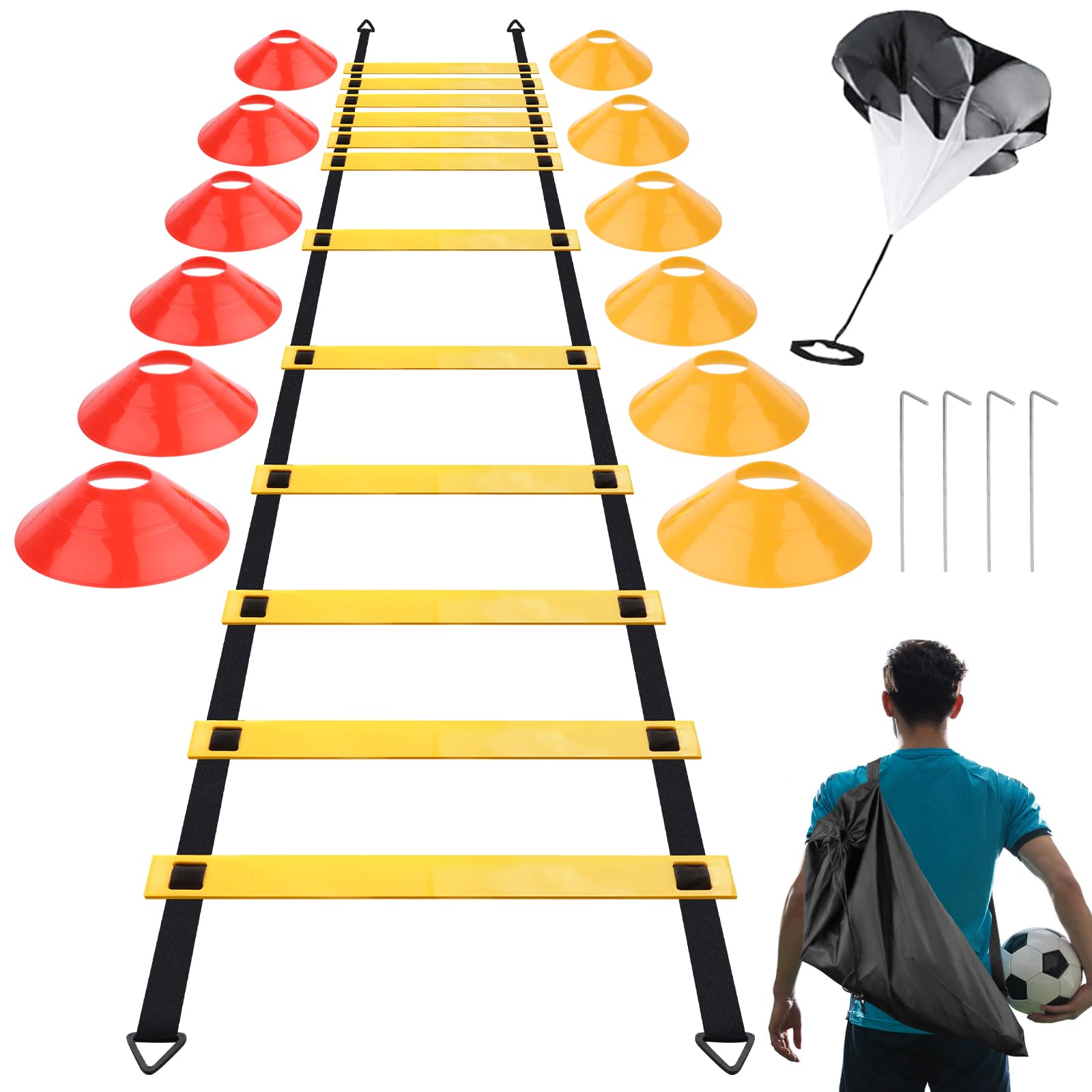 Speed Agility Training Kit para Agilidad, Speed Agility Training Kit para Agilidad con Escalera de Agilidad, 12 Conos de Disco, Paraguas de Resistencia y Bolsa Portaobjetos