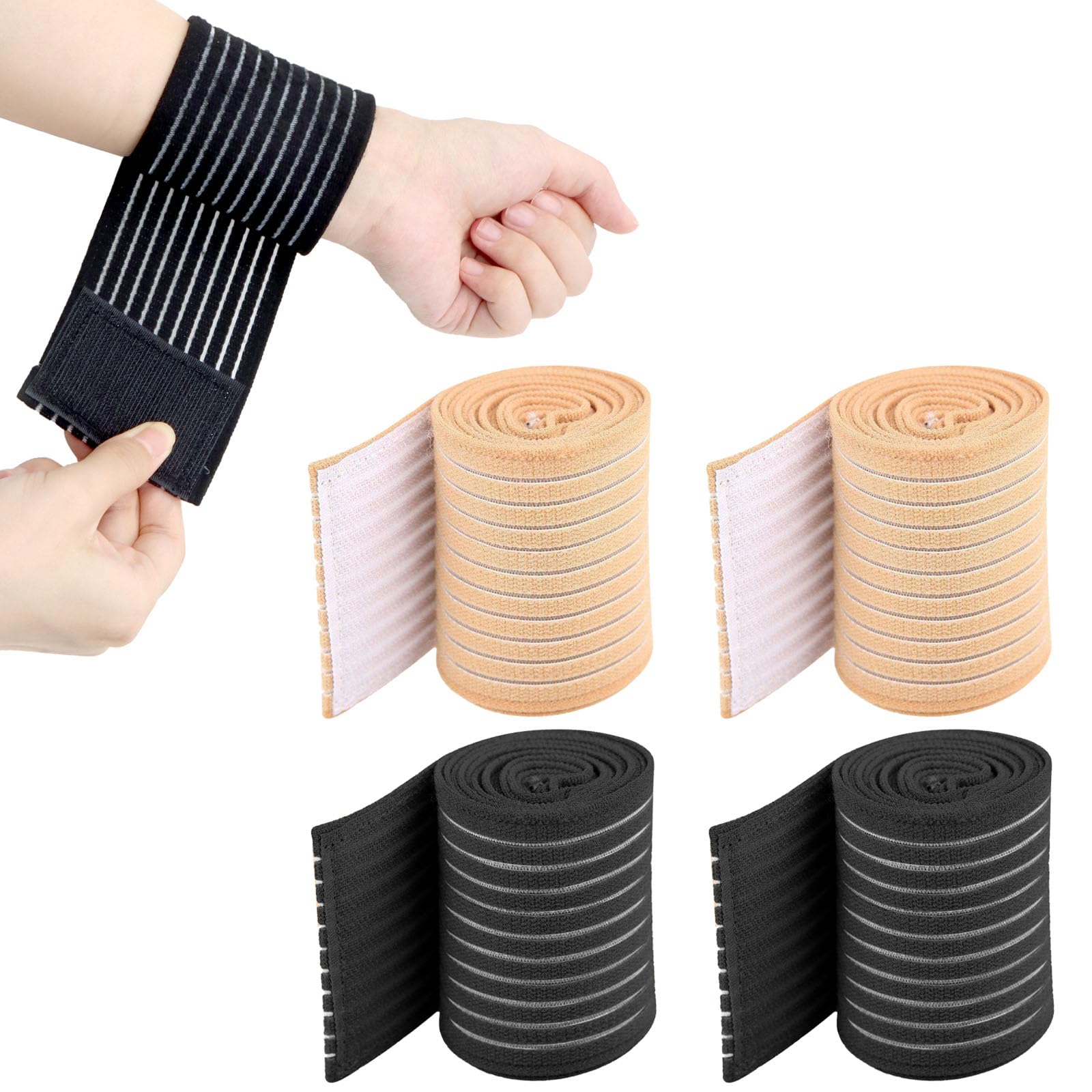 ZOCONE 4 Piezas Bandas Elastica Muñequera 44cm Ajustable Muñequera Tendinitis Muñeca Tejido Compresión Muñequera Tunel Carpiano Transpirable Banda Elastica Muñequera Deportiva para Hombres y Mujeres