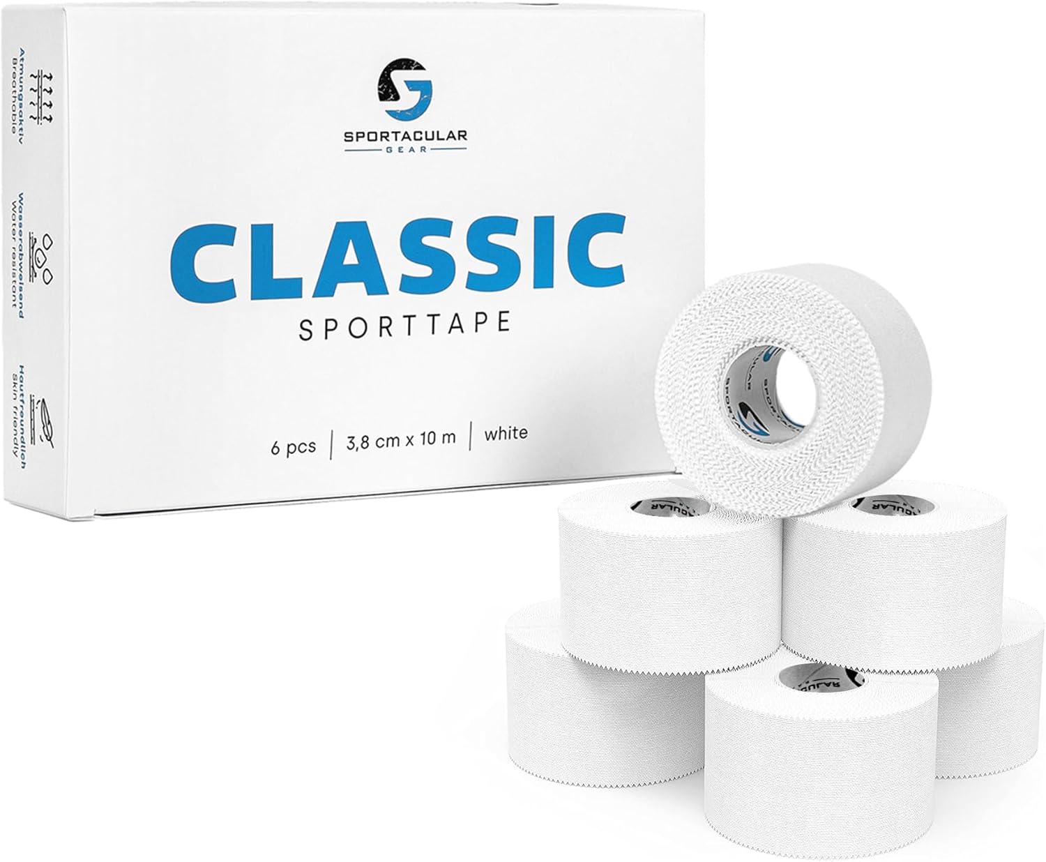 Sporttape Classic - Cinta adhesiva deportiva 3,8 cm x 10 m, varios colores y cantidades, rígida, no elástica, impermeable, hipoalergénica, algodón (6 rollos, blanco)