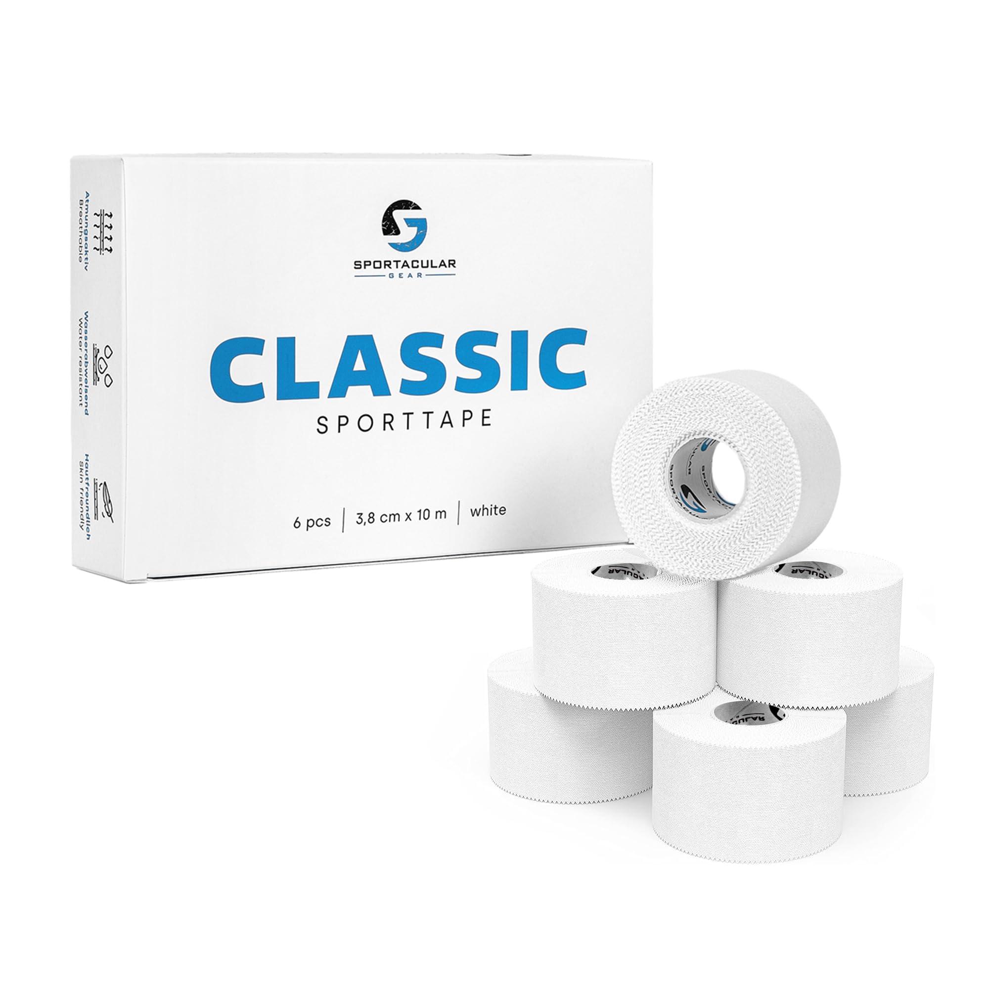 Sportacular Gear Sporttape Classic - Cinta adhesiva deportiva 3,8 cm x 10 m, varios colores y cantidades, rígida, no elástica, impermeable, hipoalergénica, algodón (6 rollos, blanco)