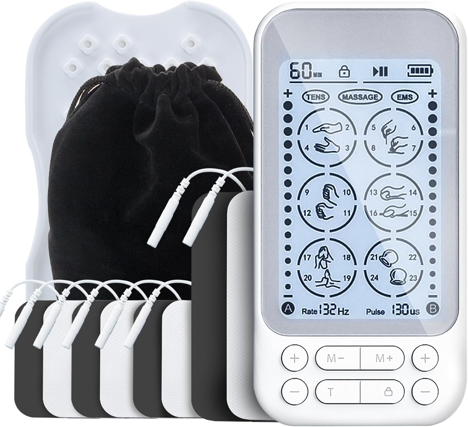 Luvan Estimulador Muscular 3-en-1, Unidad TENS de Doble Canal Recargable EMS para Alivio del Dolor, con 24 Modos y 30 Niveles de Intensidad, 8 Electrodos