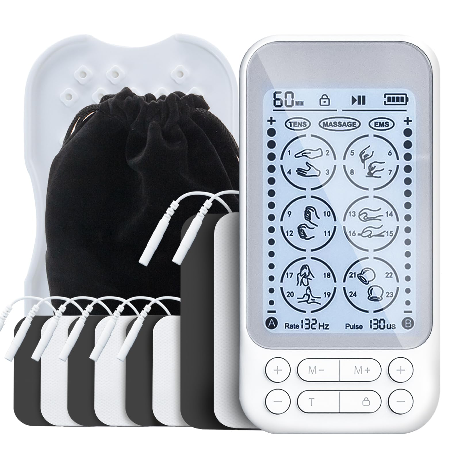 Luvan Estimulador Muscular 3-en-1, Unidad TENS de Doble Canal Recargable EMS para Alivio del Dolor, con 24 Modos y 30 Niveles de Intensidad, 8 Electrodos