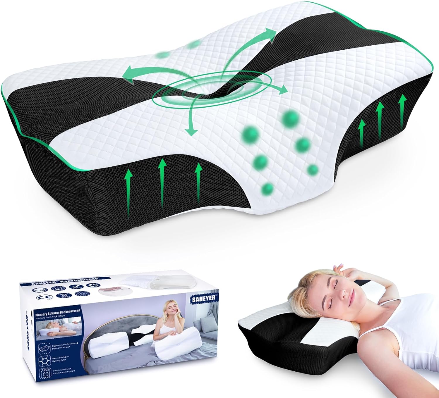 SAHEYER Almohada Cervical, Almohada Cervicales y Cuello Almohada Antironquidos para Aliviar el Dolor de Cuello y Espalda, Ergonómica Almohada Cervicales para Dormir de Lado y Boca Arriba