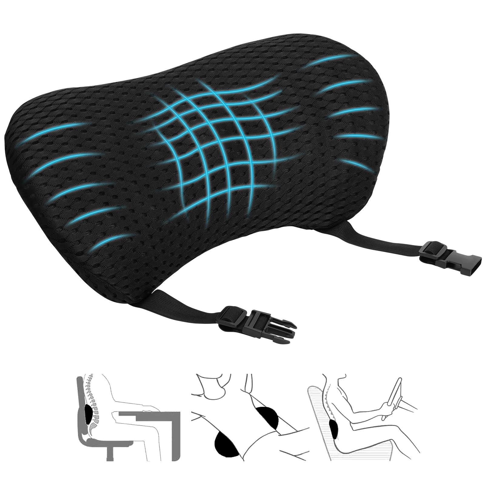 Cojin Lumbar Coche, Cojin Lumbar Silla Oficina, Respaldo Cojín Lumbar con Adjustable Straps, Soporte Lumbar para Cama, Almohada Lumbar Ergonómico para Casa Dormir, Sofa Soporte Lumbar (Negro)