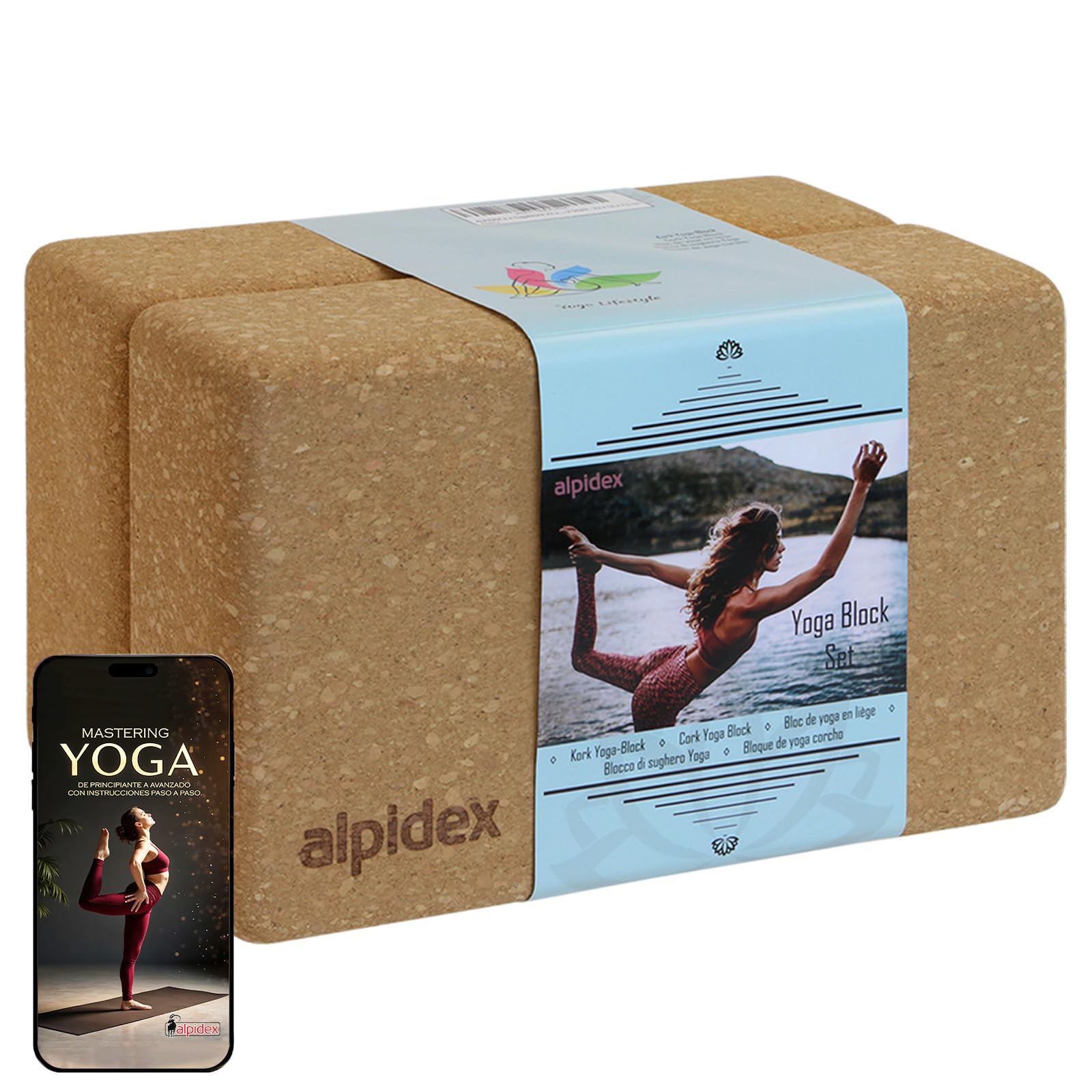 ALPIDEX Bloque de Corcho Juego de 2 Yoga Block Cork Ladrillo incl. libro electrónico con 100 ejercicios ecológico y sostenible corcho de Portugal