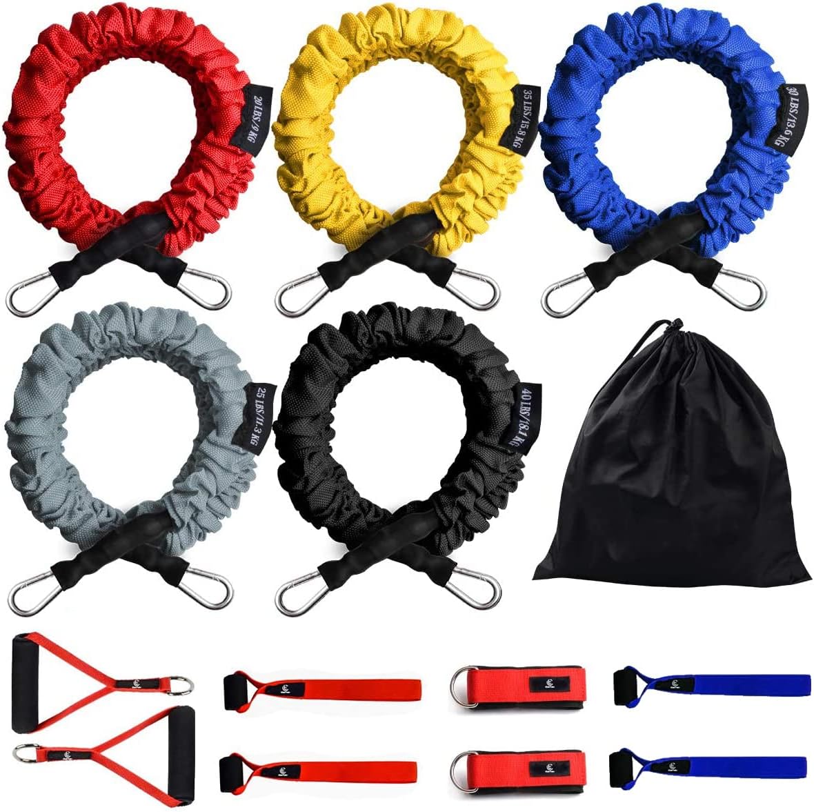CoiTek Juego de bandas de resistencia, 14 tubos de resistencia para ejercicio, bandas de entrenamiento de 20 a 40 libras con mango de nailon para puerta, correa de tobillo de hasta 150 libras