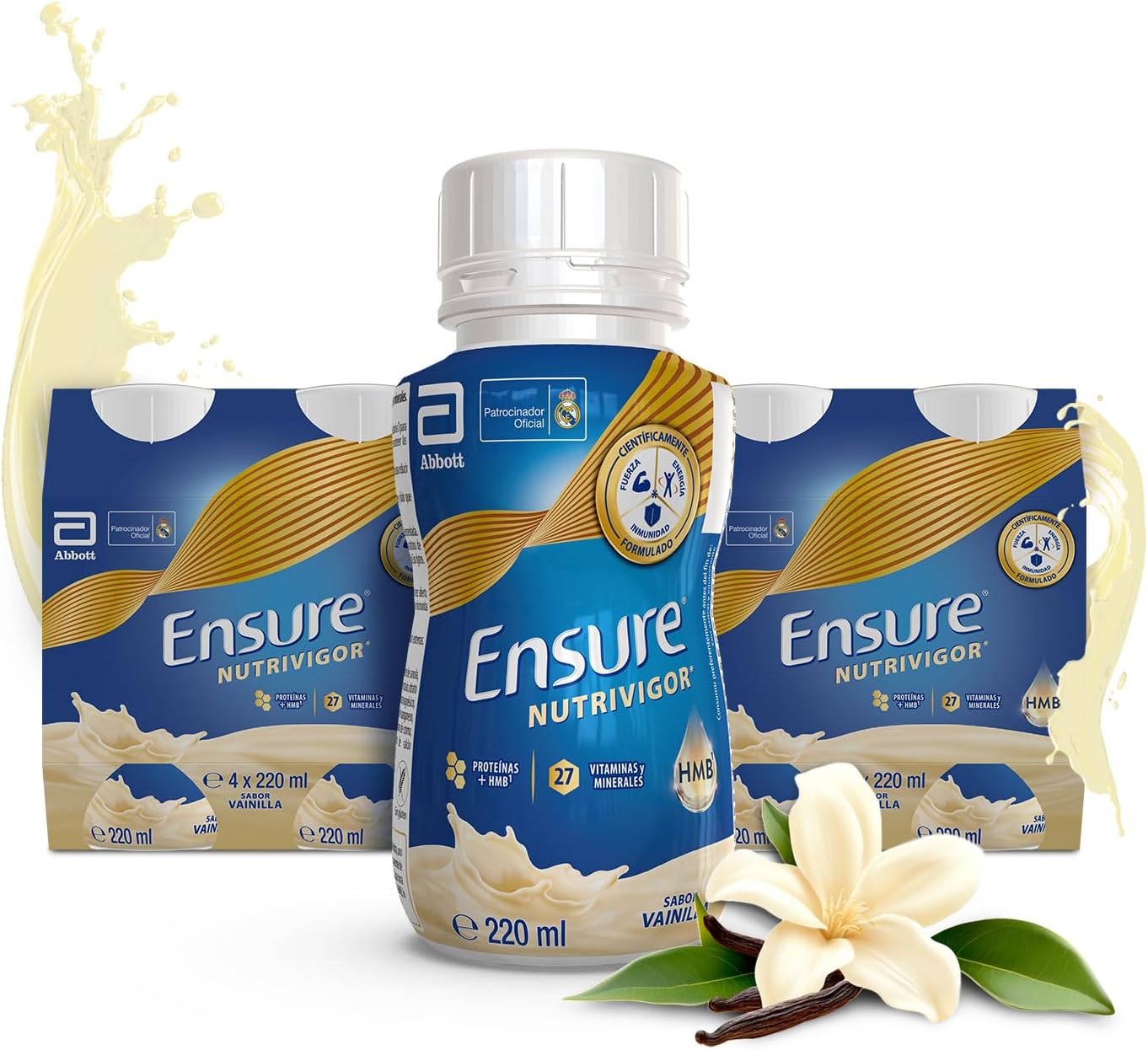 Ensure Nutrivigor - Complemento Alimenticio para Adultos, con HMB, Proteínas, Vitaminas y Minerales, como el Calcio - Sabor Vainilla - Pack de 8 Botellas x 220 ml