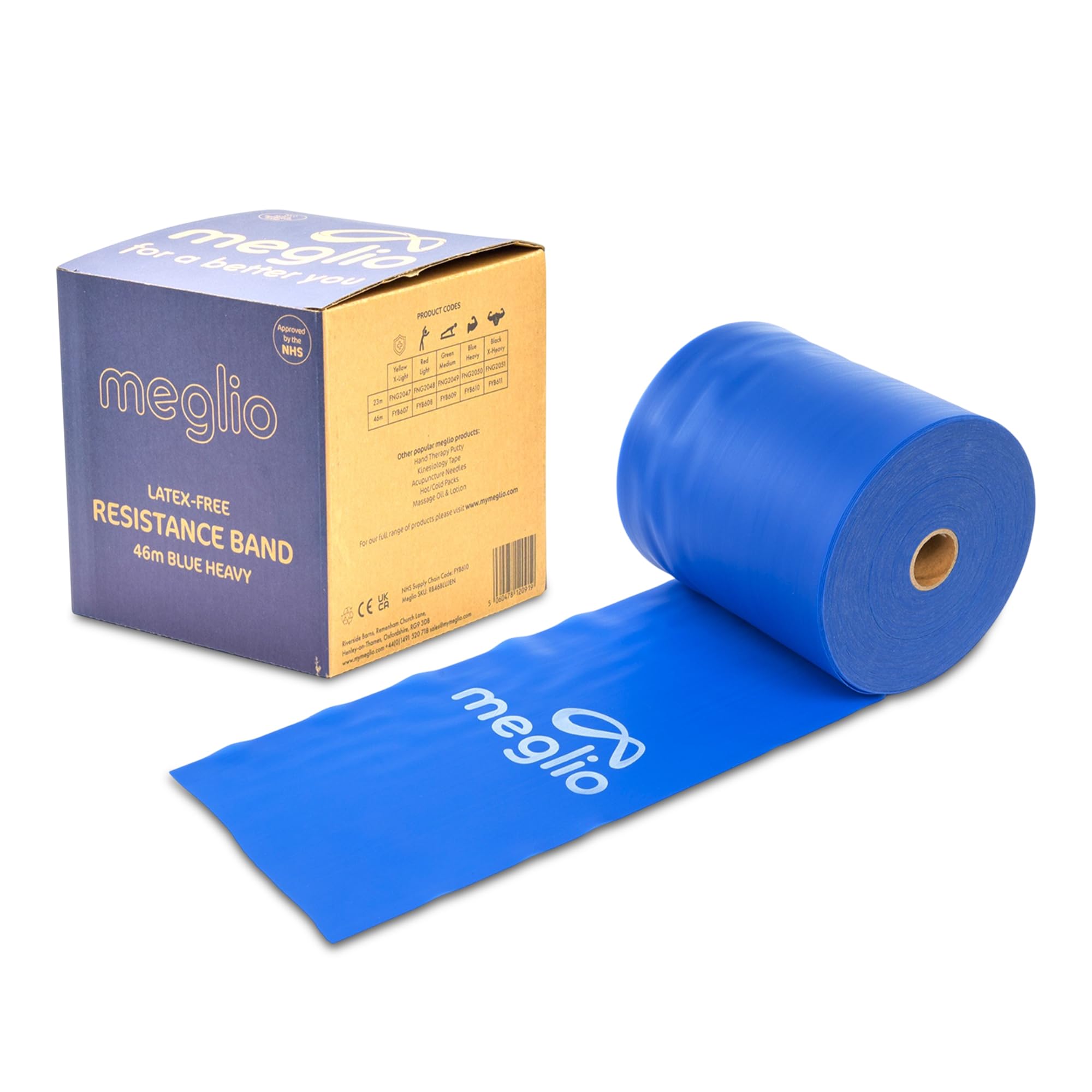 Meglio Banda de Resistencia sin Látex–Rollo de 46 metros. Variedad en resistencia - Cinco niveles desde extra suave hasta extra fuerte. Para fisioterapia y rehabilitación, deportistas, yoga, pilates y rutinas
